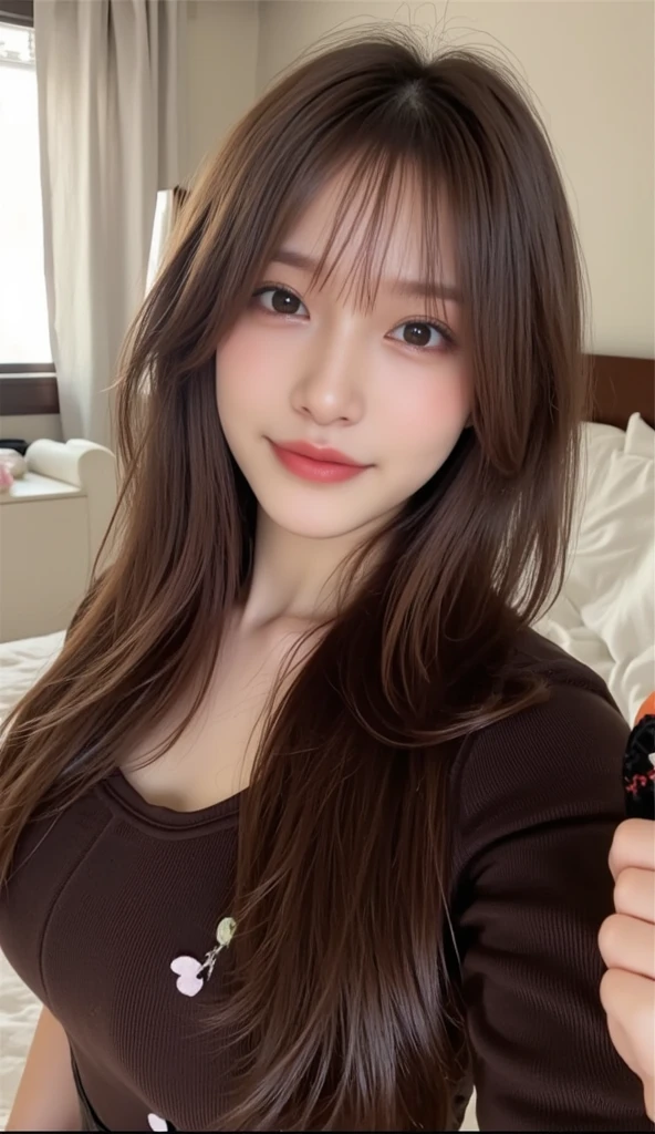 Full body angle、((highest quality, 8K, masterpiece:1.3)), concentrated:1.2, Perfect body beauty:1.4, Hips:1.2, ((Delicate Hair)), (Colorful cross neck slim fit t-shirt for women、 :1.1) , ((highest quality、8K、masterpiece:1.3))、1 Girl、A sloppy smile、Esbian all over、Slim face、Big 、Beautiful woman、(Dark Brown Hair)、Long Hair、1.1、Flickering Valley、Detailed eyes、double eyelid、Blurred Background、超Slim face、Smile、Looking down、