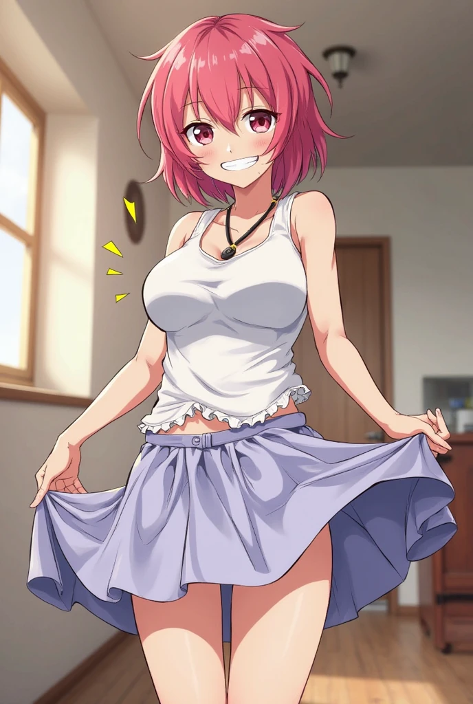 ((masutepiece, Best Quality, hight resolution, nffsw, Perfect Pixel, depth of fields, 4K, )), 1girl in, Solo, , Beautiful anime girl, Beautiful Art Style, close up, Looking down at Viewer, Perfect body, Yuigahama Yui, Short hair, pink hair, hairbun, (large boob), smiling, bent over, tube top, cleavage, nip slip, down blouse, hand on behind back, blank white background, full body, shot from below