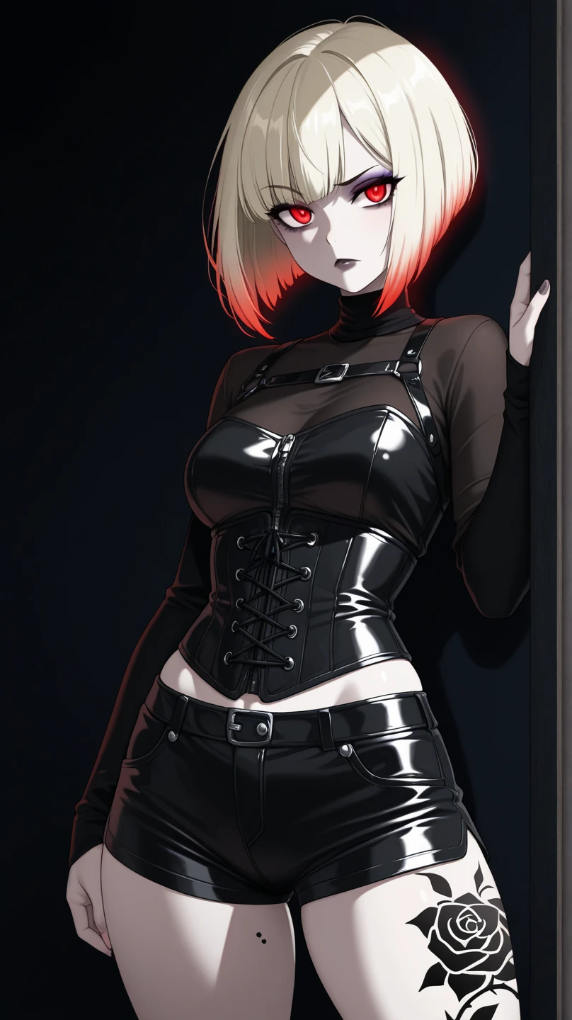 mature female, black lips, goth, pale skin, crop top, choker, tight hotpants, skinny, fit, stretching, blonde hair, short hair