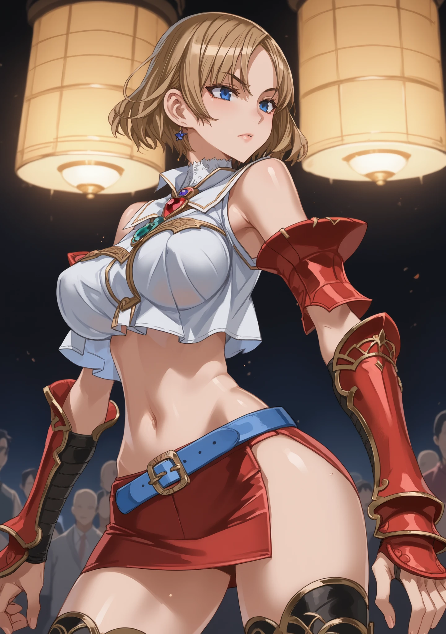 Cute girl, short blonde hair, light brown eyes, red cheeks, open mouth, jewel earring, headband, golden handcuffs decorated with beautiful and simple decoration, big breasts, black belt, short pink ripped skirt, sexy features, exposed belly, bare shoulders