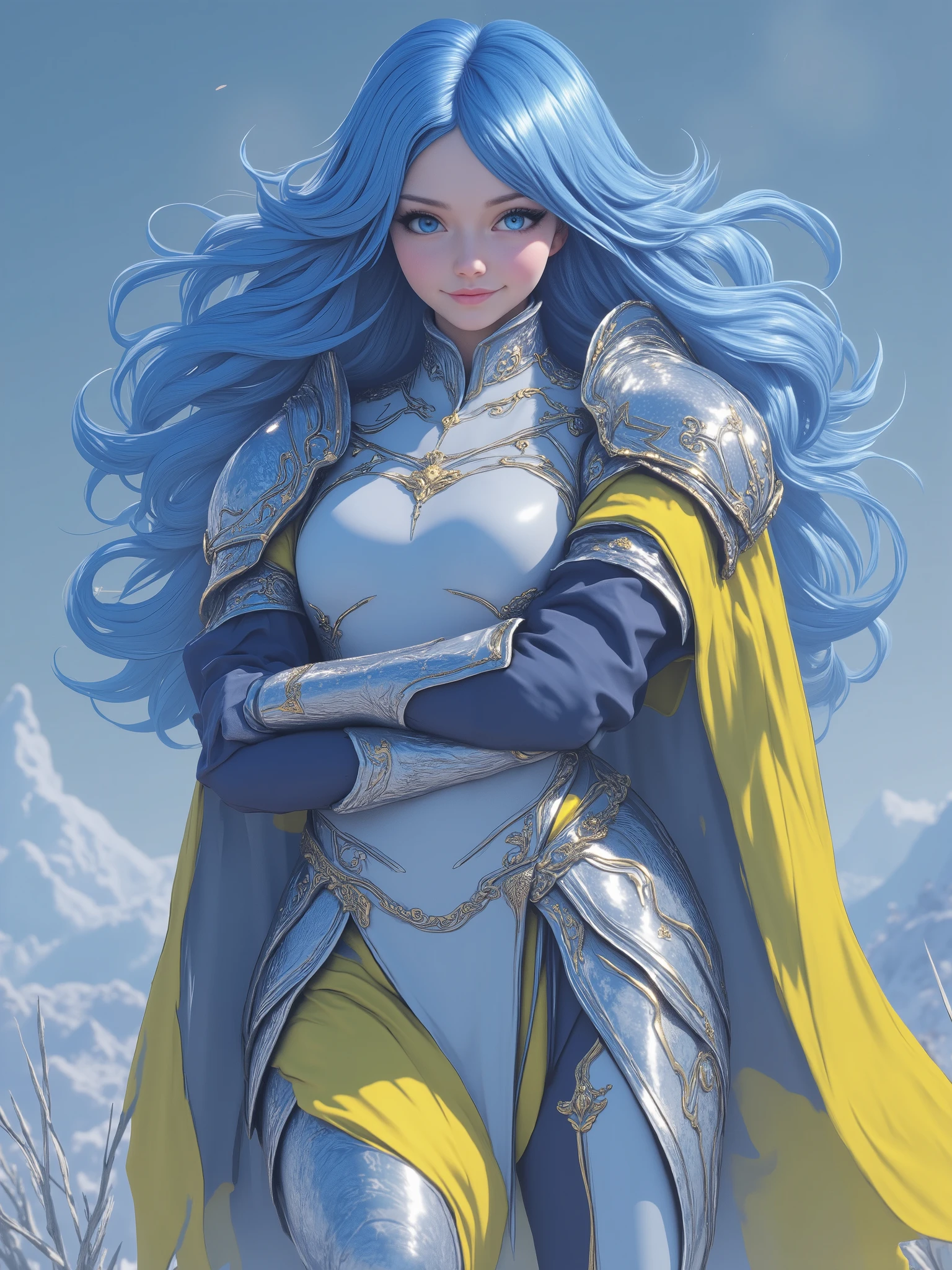 A very beautiful 22 year old paladin lady, (((long hair))), (((DeepSkyBlue hair))), (((shiny hair))), (((beautifully detailed eyes))), (((perfect eyes))), (((finely detailed eyes))), (((detailed eyes))), (((Light Sky Blue eyes:1.5))), (((bright eyes))), (((beautiful and detailed lips))), (((candy pink lips:1.5))), (((thin lips))), (((light smile))). front light, illuminated face, (((Full body view, dynamic pose, standing:1.5, graceful pose))), (((she stands in a powerful pose, with one leg bent, arms crossed))). (((Gothic armor in pearl white color:1.5))), lemon Yellow cape waving in the wind. (((high resolution:1.5))), Inkpunk Anime, (((Masterpiece:1.5))), (((high quality, UHD, 8k, 16k))), (((RAW, professional photograph, photorealistic portrait))), sharp focus, no blur, (((film grain))), dynamic angle, wide angle, panoramic, stunning image, epic landscape, soft lighting, cinematic lighting, top quality, (Best Quality), vibrant, colorful. ((In the background there is an empty snowy field, short green grass, empty horizon, awesome, very detailed, dramatic scene)), (((starry night:1.5))), blurred background, bokeh.