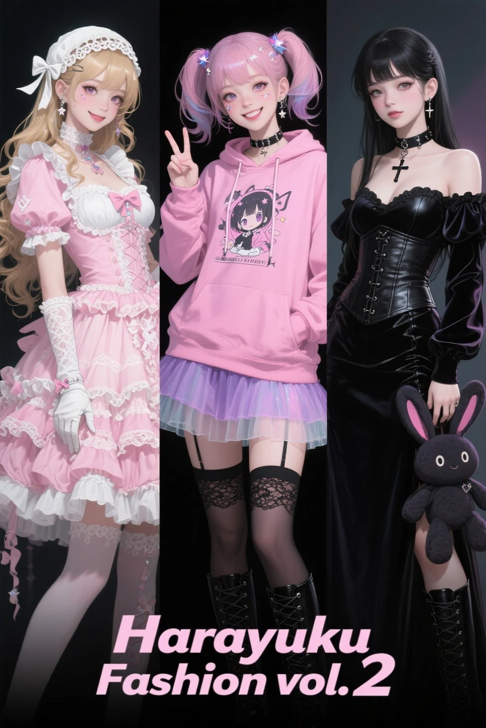 silhouette of three women standing, (Line contour), dark pink background, ((hight contrast)), front viewer, cute (( as an idol)) pose like models