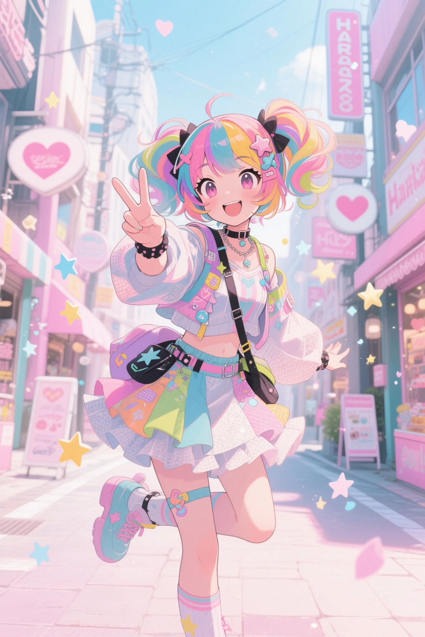 A cute anime-style girl in Harajuku fashion, standing in a dynamic pose with a big smile, giving a V-sign with one hand. She has multicolored hair styled in a playful and voluminous way. The background features a pastel-colored anime-style Harajuku street with whimsical shops and signs. Heart and star-shaped sparkles float around her. Soft lighting with pastel tones, high contrast, and a dreamy, colorful atmosphere. Emphasis on fashion details: layered clothes, accessories, and unique textures. Full body, dynamic angle, visually balanced composition.