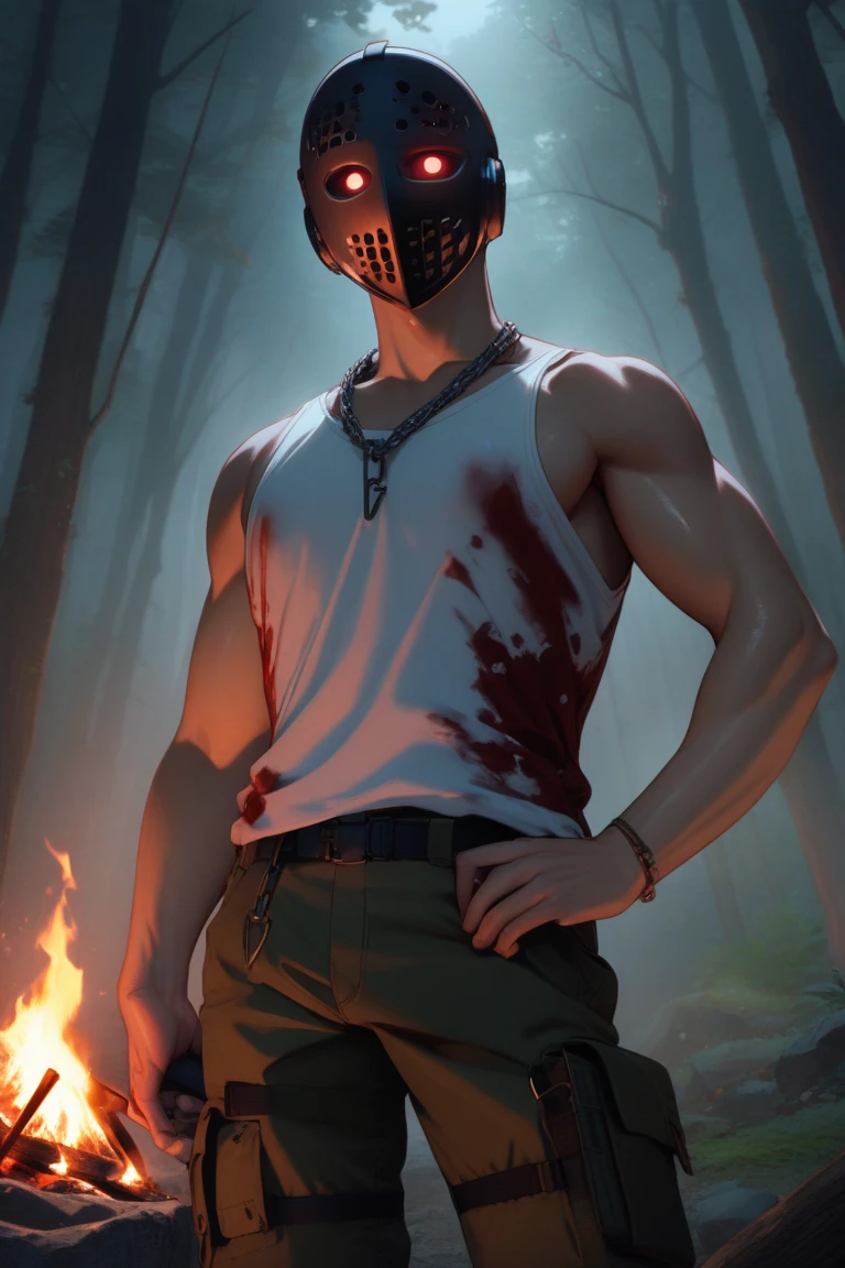 (masterpiece, 4K, ultra detailed), Jason Voorhees, single, masculine, light skin, jason's white hockey mask, bald, sexy, muscular, forest, lake, sunny, smooth lining, smooth shading, none accessories, shirtless, eight-pack, red shorts, cartoony