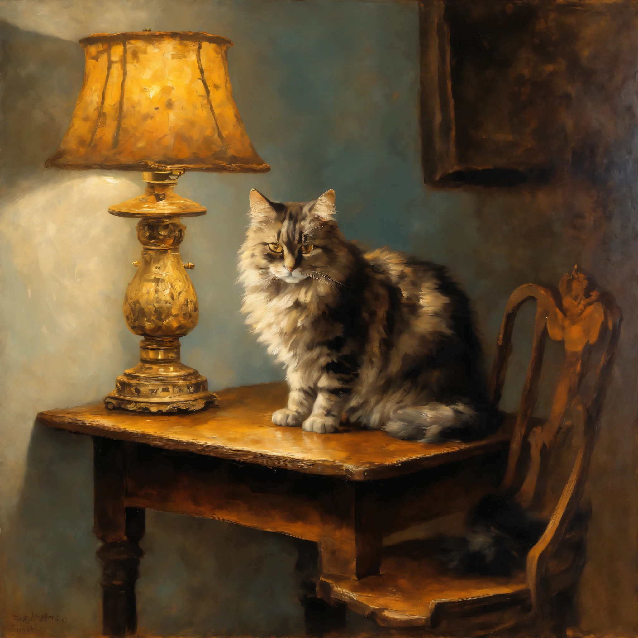 A classical oil painting on canvas, depicting a fluffy cat sitting beside a vintage self-lamp on an antique wooden table. The lighting is soft and golden, with dramatic shadows. Visible brushstrokes, textured paint, rich earthy tones, 19th century European painting style, canvas grain. Inspired by traditional art masters. Highly detailed but painterly.