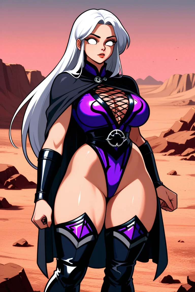 (cowboy shot), sfw, (masterpiece), (best quality:1.0), (ultra highres:1.0), detailed eyes, BREAK Charmcaster, 1girl, white hair, long hair, low ponytail, bangs, pink eyes, dark purple lipstick, eyeliner, smirk, detailed eyes, detailed pupils, marked eyelashes, mascara, dark purple lipsticks, bold eyebrows, detailed hair, cleavage, large breasts, standing, darkmage, body stocking, mature female, wide hips, both hands glowing bright purple, purple magic, bright purple sparks in both hands, BREAK (city, nighttime, creepy and isolated tone, dark clouds in the sky, purple lighting, outdoors, gorgeous view)