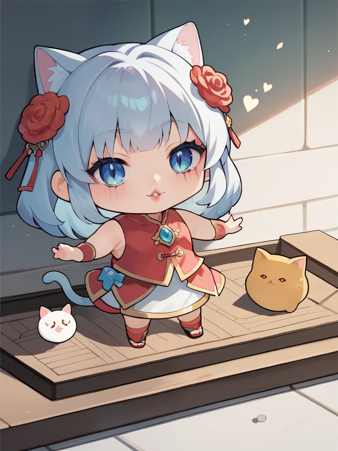 score_9, score_8_ up, score_7_ up, score_6_ up, score_5_ up, Anime,nsfw,not fixed,( chibi:1.6),masterpiece, cool beauty based on red and black, cat,cat tail,18 years old, Twin Bang , Temptation, Sexy Lips , charming eyes, Peking Opera Makeup, is wearing a red Chinese dress with gold embroidery, Slit, sandals, Background Crimson and gold Chinese pattern, 2.5d, sharp focus and contrast, very clear images reaching up to her knees, (Super Detailed, Strengthen, Boost) Effects, (Shining Light and Shadow , seamless , contrast, gradation by JM),Construction,Pretty Cure style,glitter,