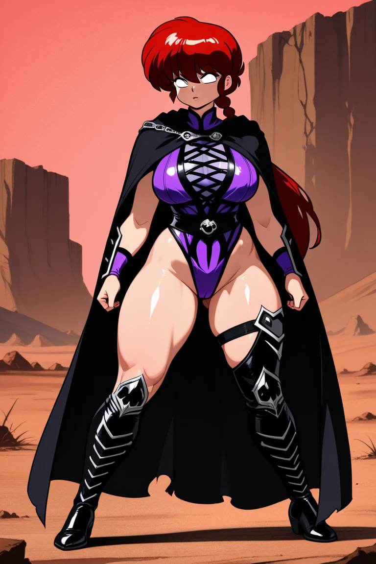 (masterpiece), best quality, expressive eyes, perfect face, Nico Robin at rocky desert, (rocky desert at night background), (standing), (smirk), (closeup view), (1girl, Nico Robin face, dark skin, tanned skin, tan, black hair, ponytail hairstyle, no bangs, brown eyes, hourglass figure, skinny body, large breasts, huge breasts, oppai, wide hips, thick thighs, ((dark purple bikini), BREAK, (black studded hip belt), (knee pad boots), (black devil horns), (dark purple gloves), (furry cape), (sholder pads)),