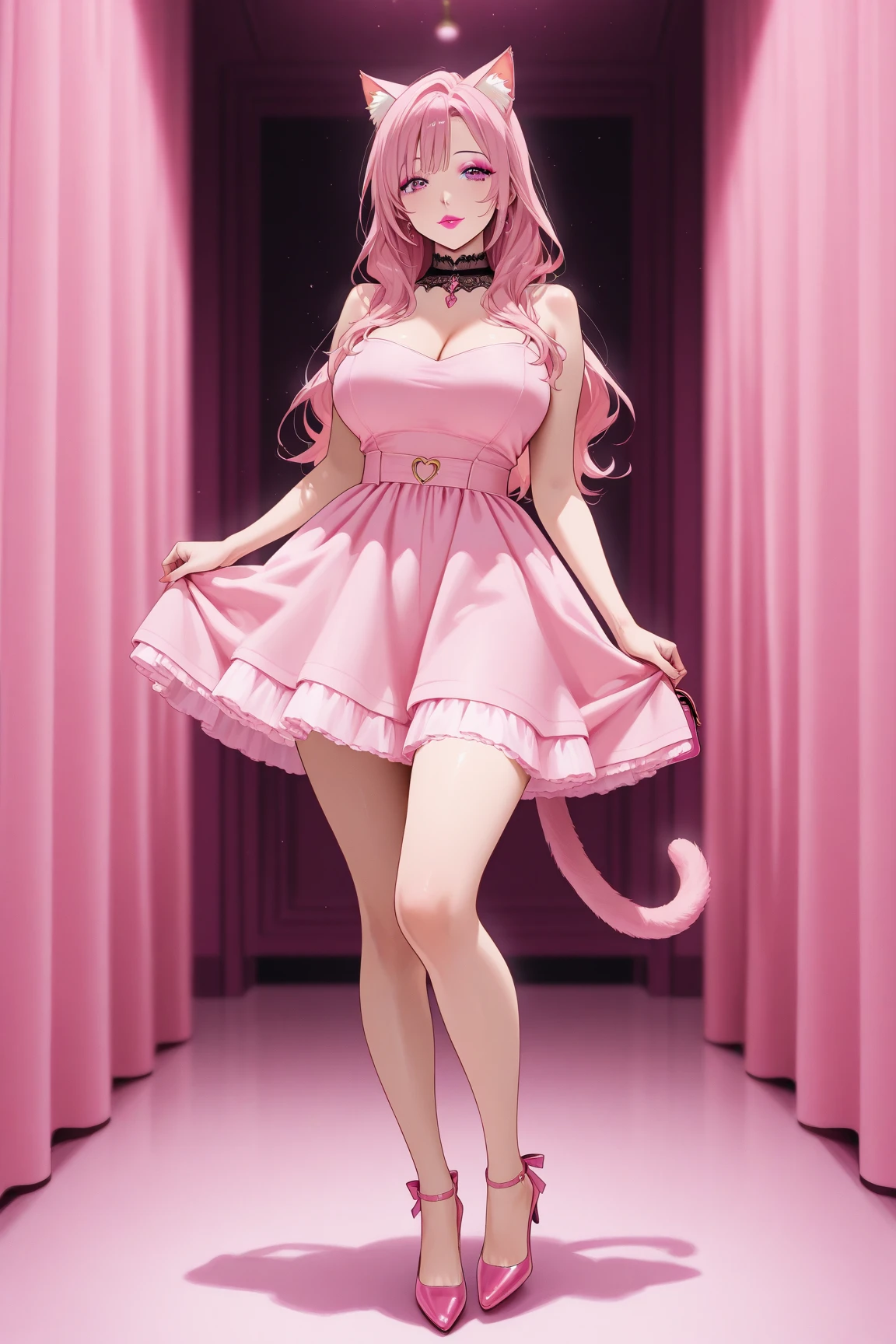 Happy , with wolf ears and pink hair, holding her cheeks, wolf tail, wearing a latex dress, looking at veiwer, full body, you can see her chest, naked breasts