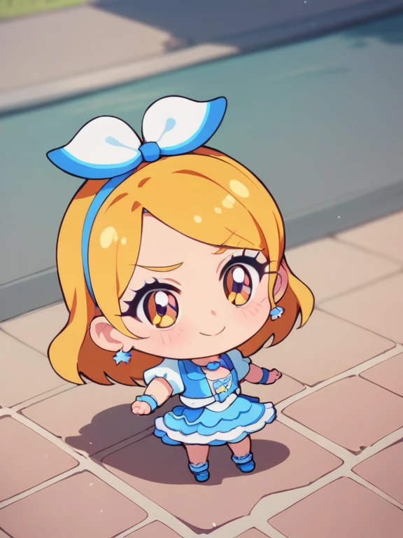 Super Chibi Character:1.8、Blonde Hair、Cute 7 year old girl、Cheerleader Outfits、Super Chibi Character:1.8、smile、Super Smile、Cheering with pom-poms、Cheering with pom-poms、Cheering with pom-poms