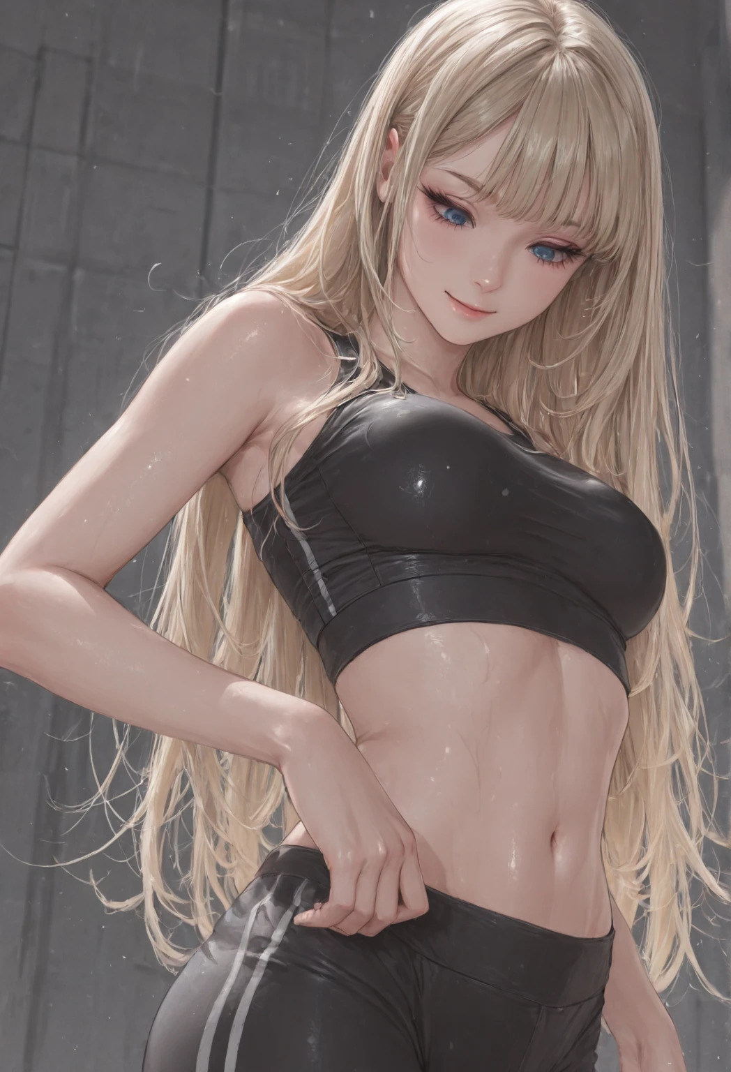 masterpiece, high quality, girl, realistic, blonde, long hair, wavy, light blue eyes, wearing black sports top, wearing black shoes, sweaty, smiling, background gymnastics