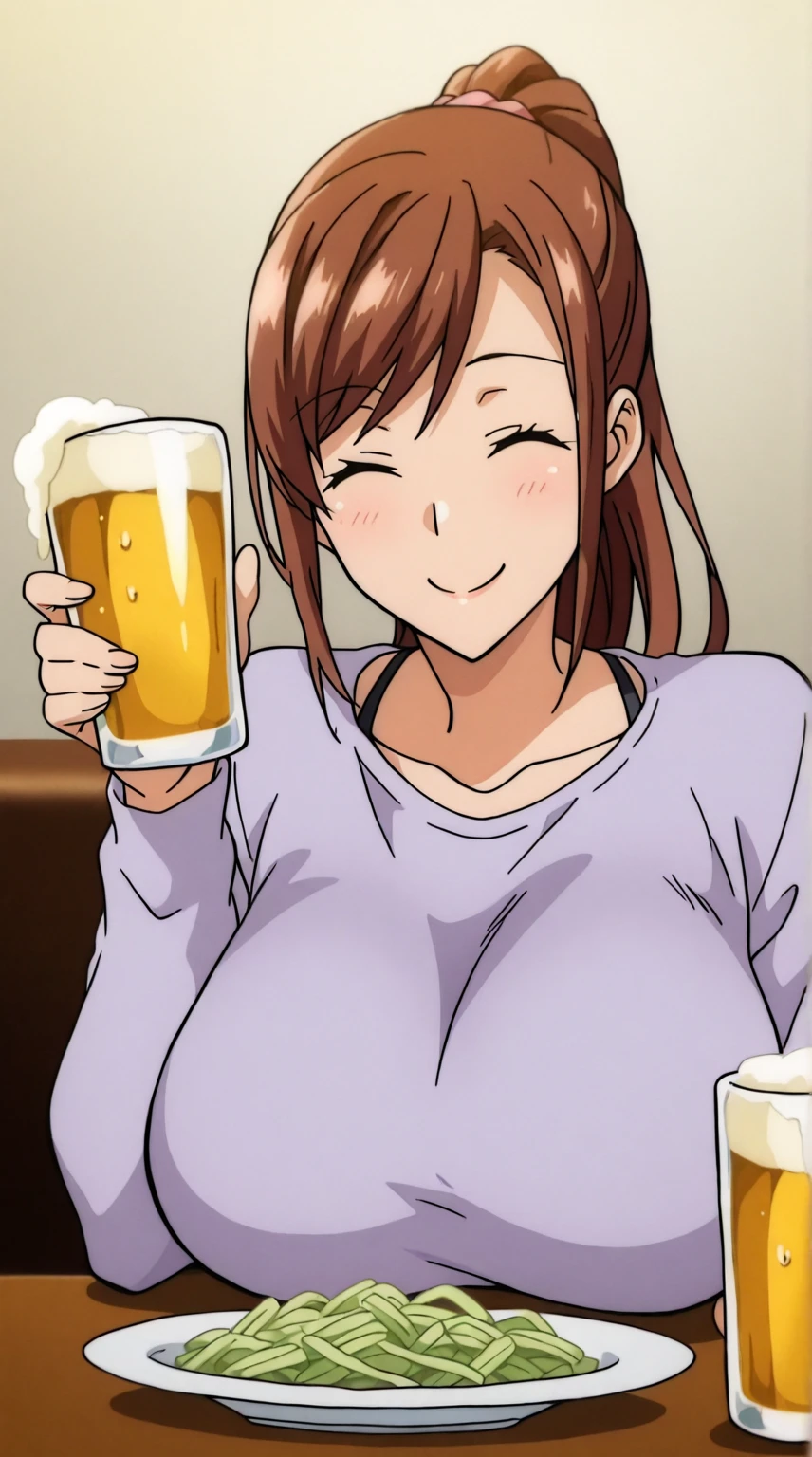 Hisato Azuma, Alone,  smile, holding, eyes closed, food, cup, ^ ^, alcohol, cup, chest rest, beer, beer cup  