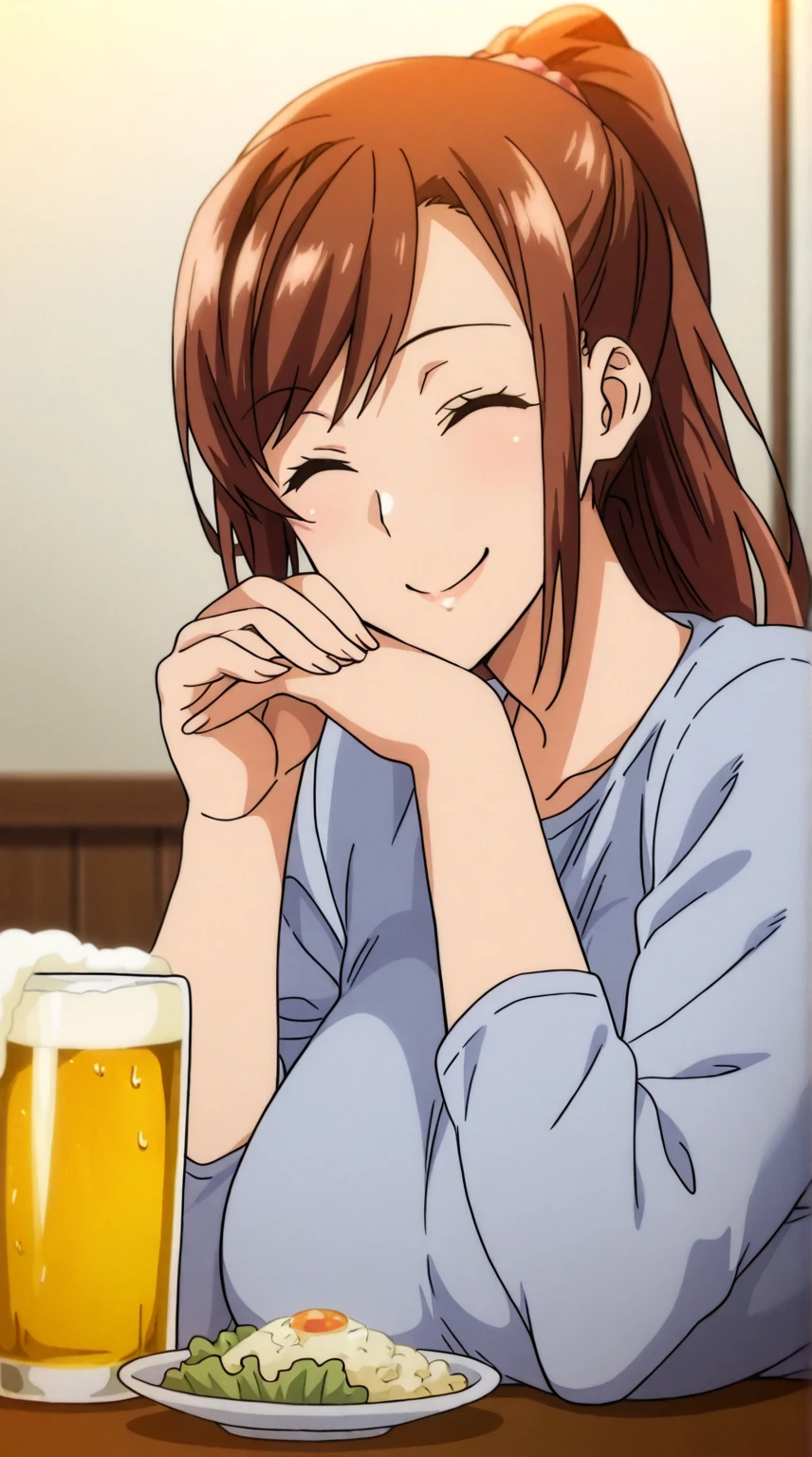 Hisato Azuma, Alone,  smile, holding, eyes closed, food, cup, ^ ^, alcohol, cup, chest rest, beer, beer cup  