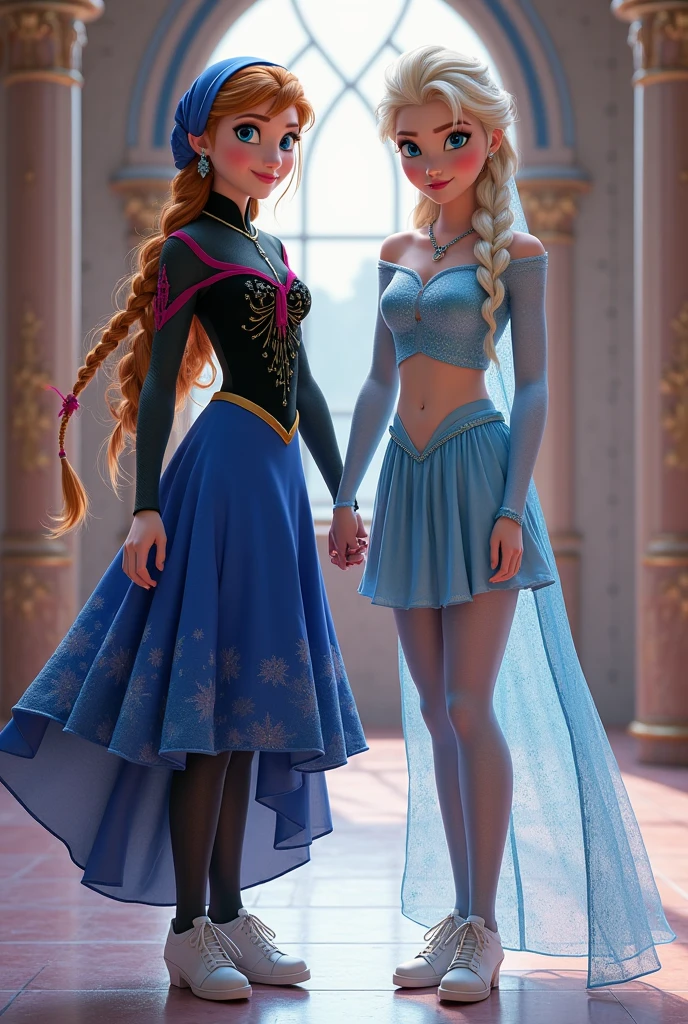 score_9, score_8_up, score_7_up, 2girls, 1girl (Anna) and 1girl (Elsa), side view, (full bodies in view), kissing