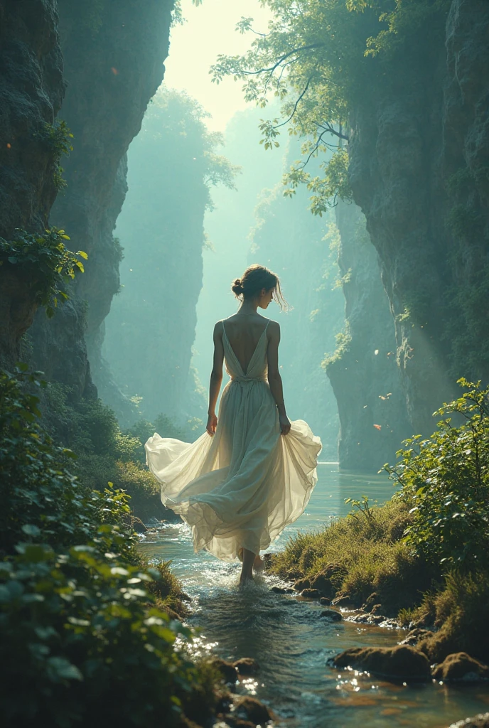 There is a woman standing in the grass with a bird., surreal and fantasy art, Photo manipulation, photo manipulation, surreal art, surreal scene, Fantasy Photography, dramatic artwork, surreal digital artwork, digital art fantasy, emotional surreal art, dramatic fantasy art, stunning fantasy art, wide angle fantasy art, stylized digital art, dramatic background