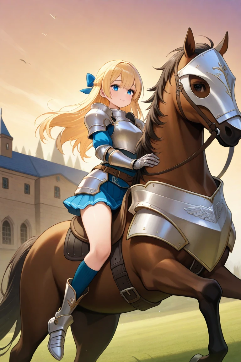 masterpiece, best quality, <lora:artorialancer-nvwls-v1-000009:0.9> artorialancer, braid, crown, red cape, fur trim, turtleneck, cleavage cutout, sleeveless, blue leotard, elbow gloves, gauntlets, blue thighhighs, chibi, standing, furrowed brow, riding horse, horse, field, sky