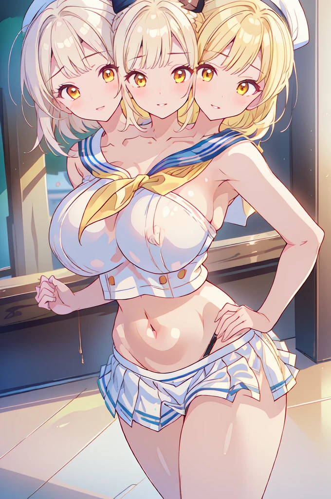 (masterpiece, best quality), best quality, (ultra-detailed), (3heads:1.5), 1girl, (chiyuri kitashirakawa:1.3), masterpiece, best quality, ultra quality, ultra resolution, ultra detail, white cropped shirt with a shade of blue, crop top, ((stomach)), midriff, ((groin)), white skirt, normal ears, shackles, bright blonde hair, ((blonde:1.5), short hair, yellow eyes, parted lips, cowboy shot, open belly, smiling, cute, toned belly, hand on own chest, hands on hips, eyelashes, (23 year old woman:1.3), (masterpiece:1.5), (best quality:1.5), (beautiful detailed), extremely detailed CG, extremely delicate and beautiful, depth of field, (finely detailed face), (perfect details:1.2), ( female:1.3), wide pelvis, slender, large veiny breastresolution, highres, very high quality, very high definition, extremely detailed, masterpiece, blonde hair, short hair, alluring presence, braid, short skirt, close up, very big tits, hu young, (sailorl:1.5), white sailor hat,