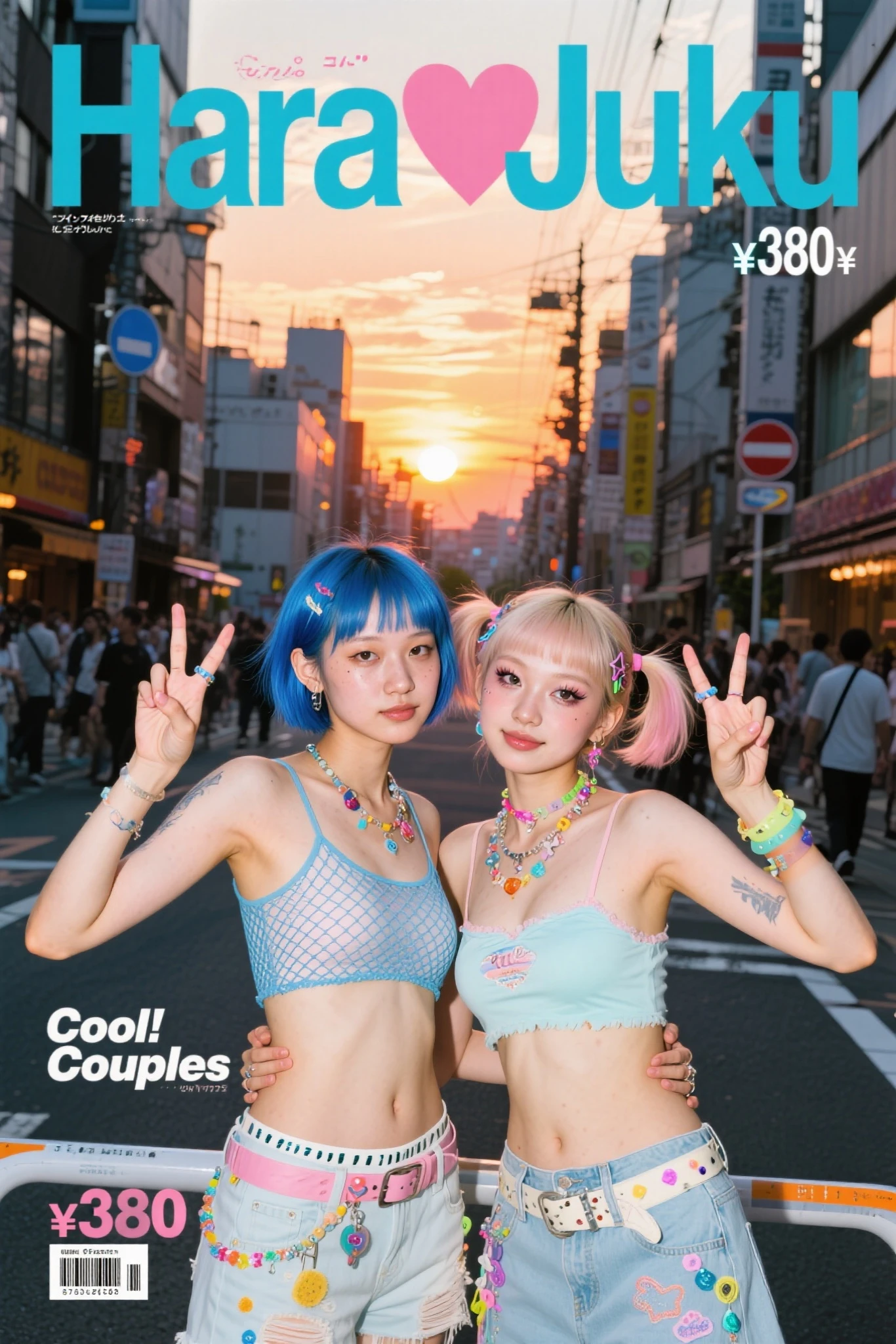 Family 2 sexually female cyborgs, blue hair, magazine cover, poster art , adding to the spine-tingling atmosphere, bold huge text, matted design layout. Squeezing belly, all in bikini