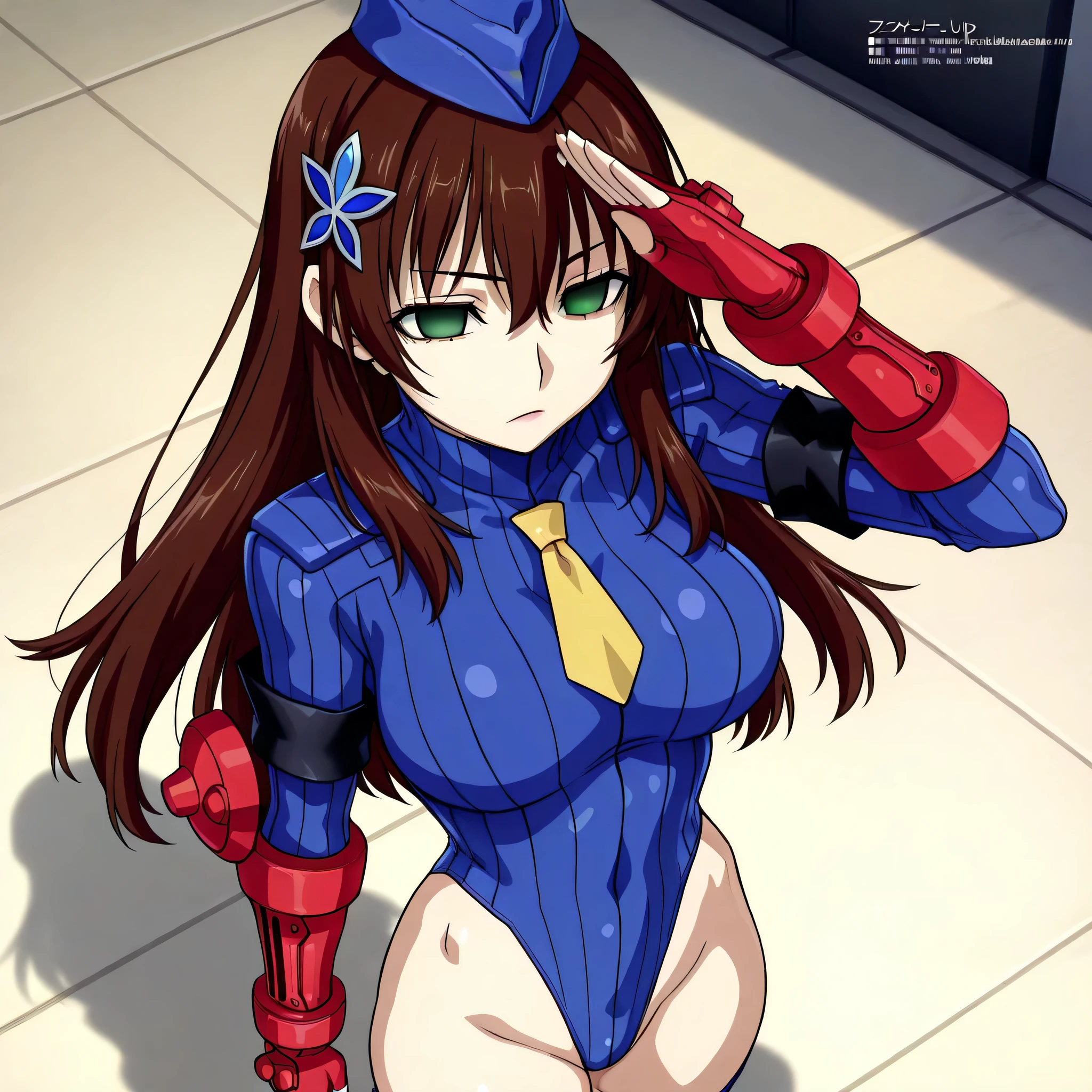 ultra-detailed, Explicit, Beautiful body, Beautiful Nose, Beautiful character design, perfect eyes, perfect face, ultra highres, 4K, beautiful legs, perfect legs, Nice hands, Perfect hand, Masterpiece, Best Quality, Highly detailed, illustration, absurdres, street fighter, doll suit, shadaloo doll, dollsuit, expressionless, blank eyes, looking at viewer, red gloves, emotionless, black latex, corrution, mind control, female combatant, full body, hypnotized, unhappy trance, full body suit, ribbed bodysuit, both arms at side, obey, perfect female body, extremely glossy latex, hypnosis, hypnoLora, empty eyes, Mind control device, poses, submissive_pose, Slave, hat, necktie, stand up straight, standing, standing at attention, hat, necktie, belt, latex, ribbed bodysuit, thighhighs, garter belt, Fighting Stance, extending the right arm from the shoulder into the air with a straightened hand, nazi saluting, military, military saluting, salute, thigh boots, 1girl, Inui Shinju, Sono Bisque Doll wa Koi wo Suru, pink hair, pink eyes, long hair, single braid