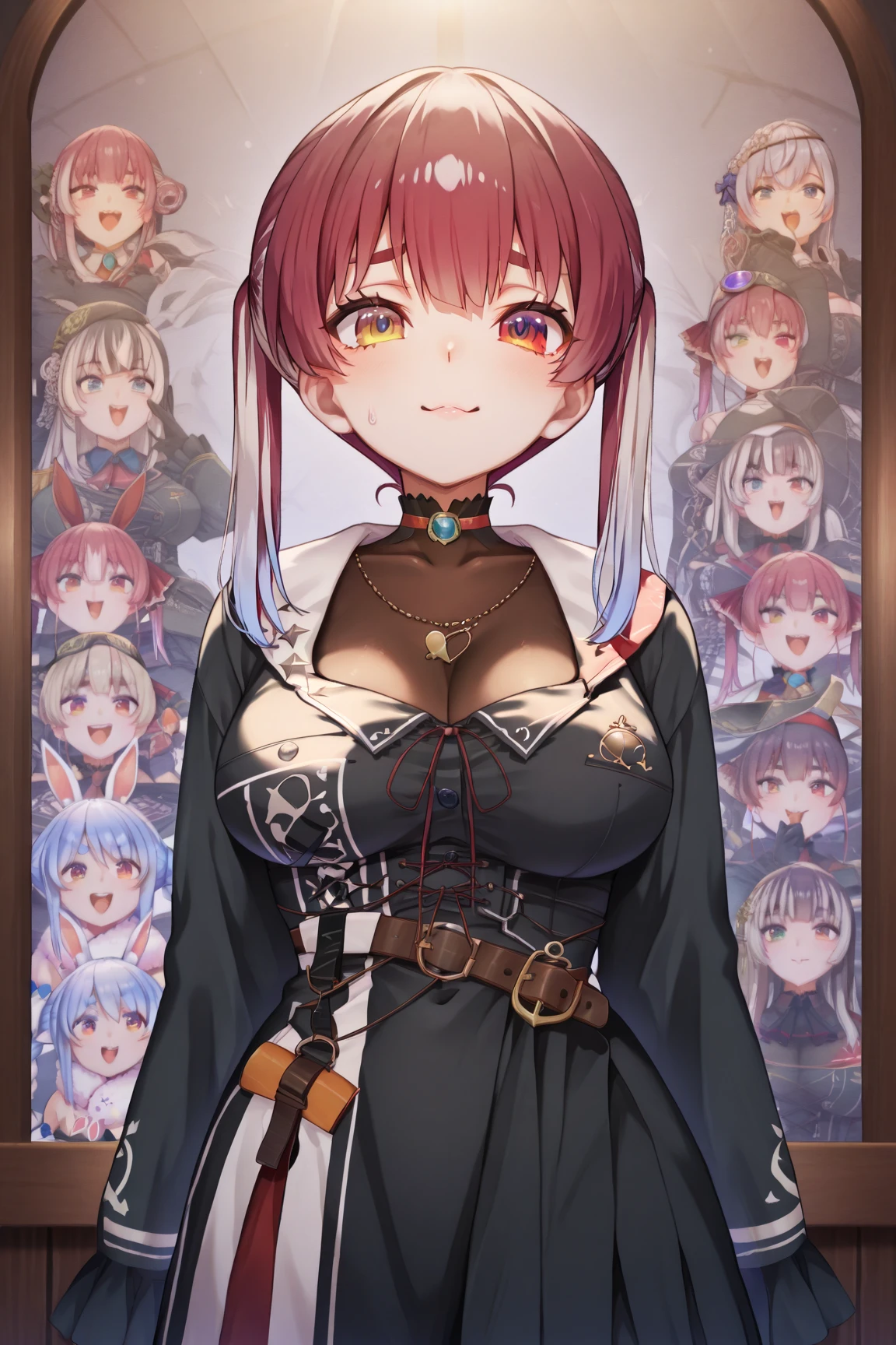 (a girl in front of a giantess girl: 1.1), (2girls:1.7), (a giantess looking down at a girl), (adventurers guild: 1.1), (medieval room indoors: 1.2), (giantess:1.2), :3, wizards robe, robe, cleavage, (foreshortening: 1.1), from below, (girl from behind: 1.2), very detailed, beautiful, professionally drawn, (huge breasts), (cleavage sweat), (anime drawing:1.1), sketch, (anime:1.1), (very cute anime girl), (bright), (low contrast), collarbone, (:3), (prettiest teenage girl), (mature face: 1.4), (tall girl with big breasts: 1.2), (very happy:1.2), (heart symbols: 1.3), (smug smile), (scared minigirl)