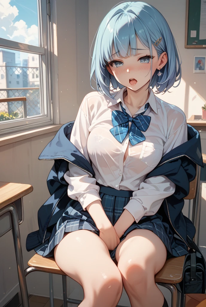 (8K, 最高quality)、超High resolution、Bright blue hair、blue eyes、 girl、Small breasts、Braided half bob hair、uniform、Me in a knitted cardigan、 girl、Looks about 、Petan Musume、In the classroom、(missionary, 1boy, penis, lying, vaginale, ass pov, spread legs, sex, nsfw)、quality, High resolution, Very detailed, Detailed Background, Perfect lighting、masterpiece、Best image quality、最高quality、、 (cryin) ,Cute Characters, Most detailed, 高quality、nose blush、steam、Oblique angle、Shiny Hair、Very fine and beautiful bright eyes、 scared、Very detailed, clear and beautiful face、Slender body、Awards, Anatomically correct、((Scared))