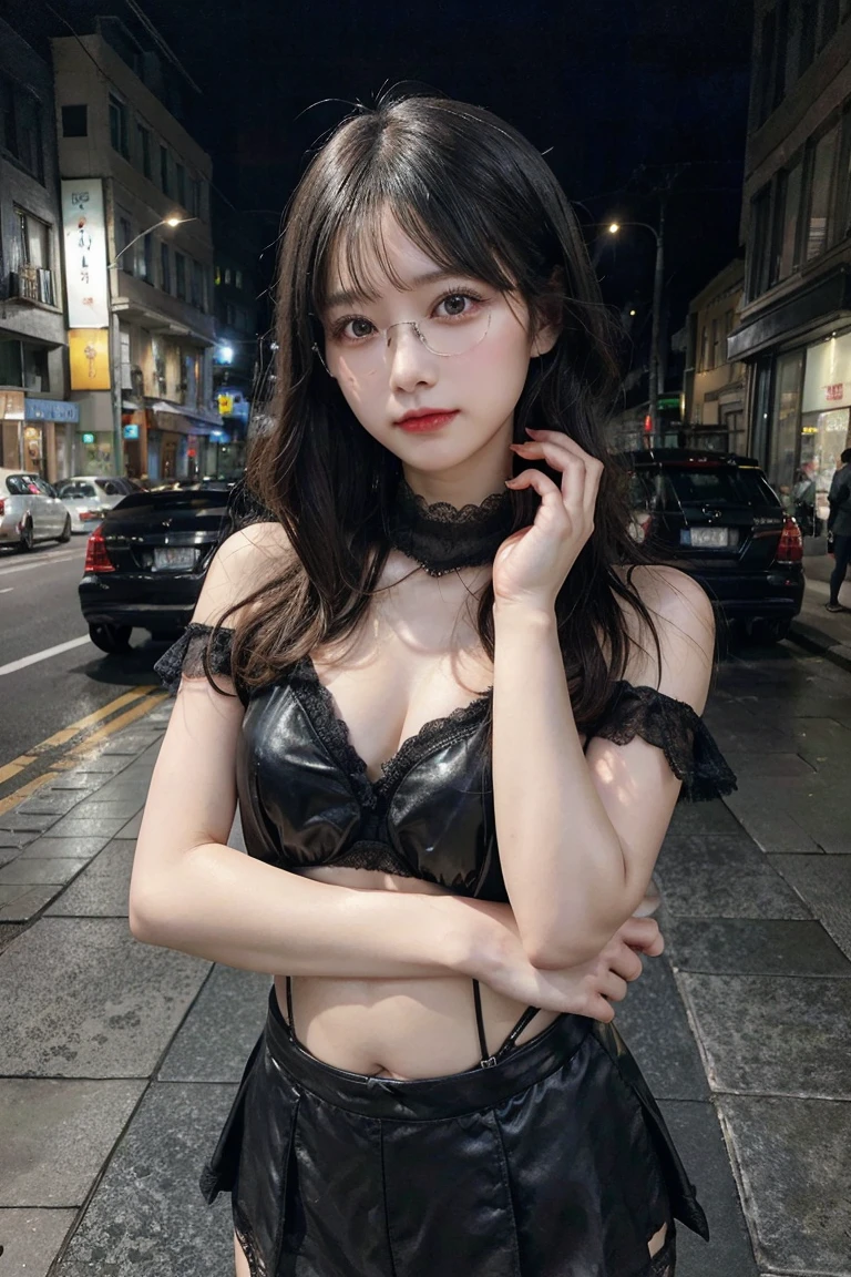 Top image quality、Raw photography、A high resolution、20-year-old cool Korean、big round chest、thin silk jacket、black lace underwear、Beautiful Eyes of Details、very elongated eyes、Beautiful eyelashes、Beautiful double eyelids、eyeshadows,long legs,medium thighs, wearing Glasses、beautiful eyes finely detailed、elongated eyes、long eyeslashes、Beautiful double eyelids、eyeshadows、earrings、shiny white skin、