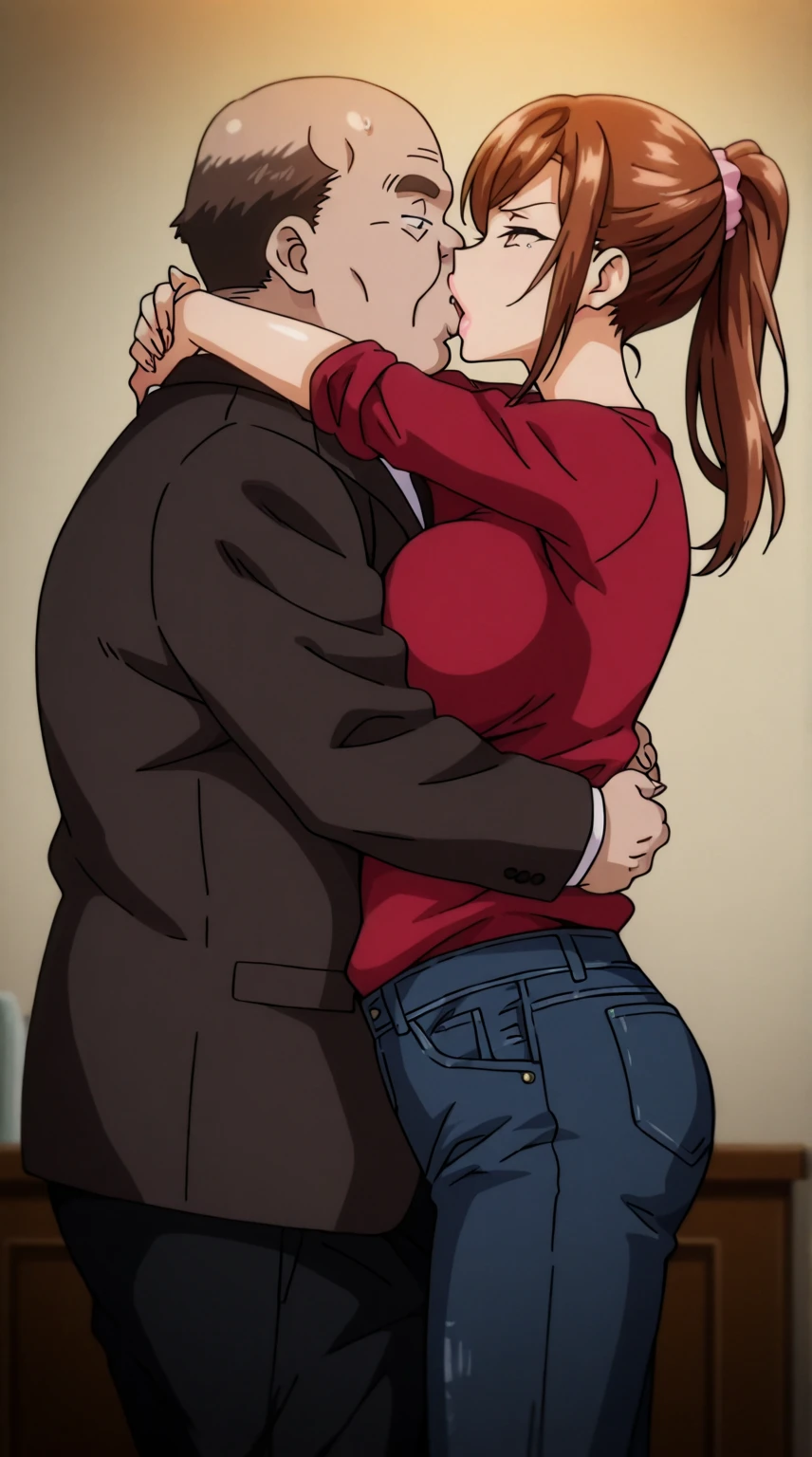 Hisato Azuma wearing, red shirt, mangas cortas, fitted jeans. Fat old man in a suit Standing in front of, forced, rape, Kiss and hug, kiss the lips  