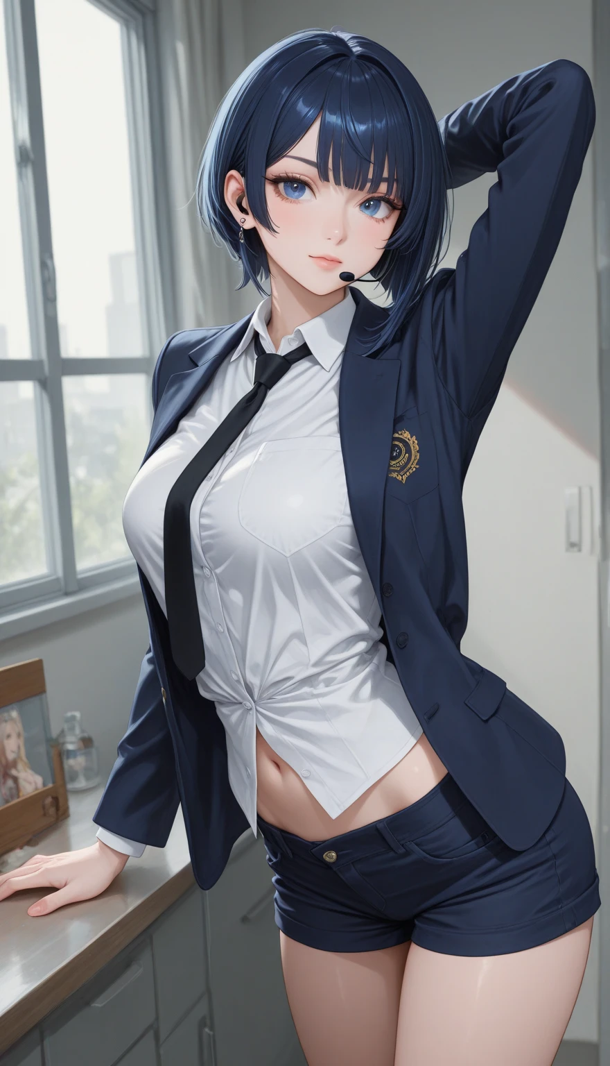 (top-quality、in 8K、32K、​masterpiece、nffsw、超A high resolution、Impresionismo、Photorealsitic:1.2)、Colossal tits、cowboy shot, detailed faces and eyes、 Inside the classroom、Schools、Evening glow、beauitful face、blurry backround、16-year-old beautiful girl、shinny skin、short-hair、Beautiful blue hair、Blunt bangs、Black eyes、(Katyusha:1.2)、Open black blazer、White blouse、Red checked tie、Grey check pleated miniskirt、Curve、Stand on one knee、(I can see panties:1.2)、Smile with open mouth、Open legs, pregnant, sit on desk