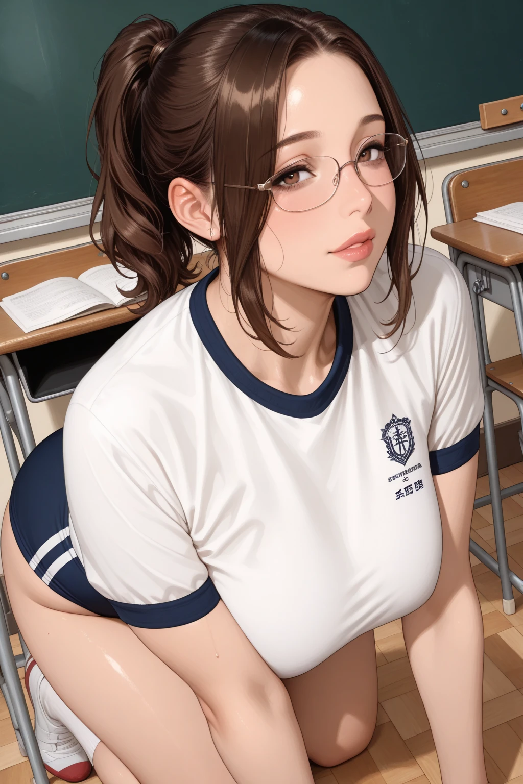 ((((highest quality)))), (((Ultra-precision CG 16K))), (((masterpiece))), (((Very detailed))), (((Extremely detailed))), (((Black outline:1.3, Written boundary depth:1.3 , Written soft outline))), Blur, Bokeh, Maximum clarity and sharpness,Multilayer Texture, Surface Shading, Cinematic lighting, Beautiful details sparkle ,Perfect Proportions, Limited to three woman, BREAK accurate, Anatomically correct, Highly detailed face and skin texture, drawn in detail, Highly detailed facial and skin texture, Detailed eyes, beautiful hair, Beautiful Japanese Idol face, Beautiful and beautiful eyes, Beautiful body, Beautiful breasts, Beautiful thighs, Beautiful legs, Beautiful fingers, (Beautiful views) , skinny body, ((Beautiful Skin)), ((Skin Texture)) BREAK breast enlarged, large Breasts, rocket breasts, slender waist, (blush, determined expression, workout, hot, sweating, sweaty, Heavy breathing,) BREAK (no-bra, sporty fashion , mini-skirt with slits, no-sleeve ) , wearing glasses, wearing earrings, BREAK ( stick breast out),( a woman in the tennis court , bending over, open legs, serious, (holding a tennis racket), (dynamic posing:1.2), from behind, from below, looking away, bust up, cowboy shot),     
