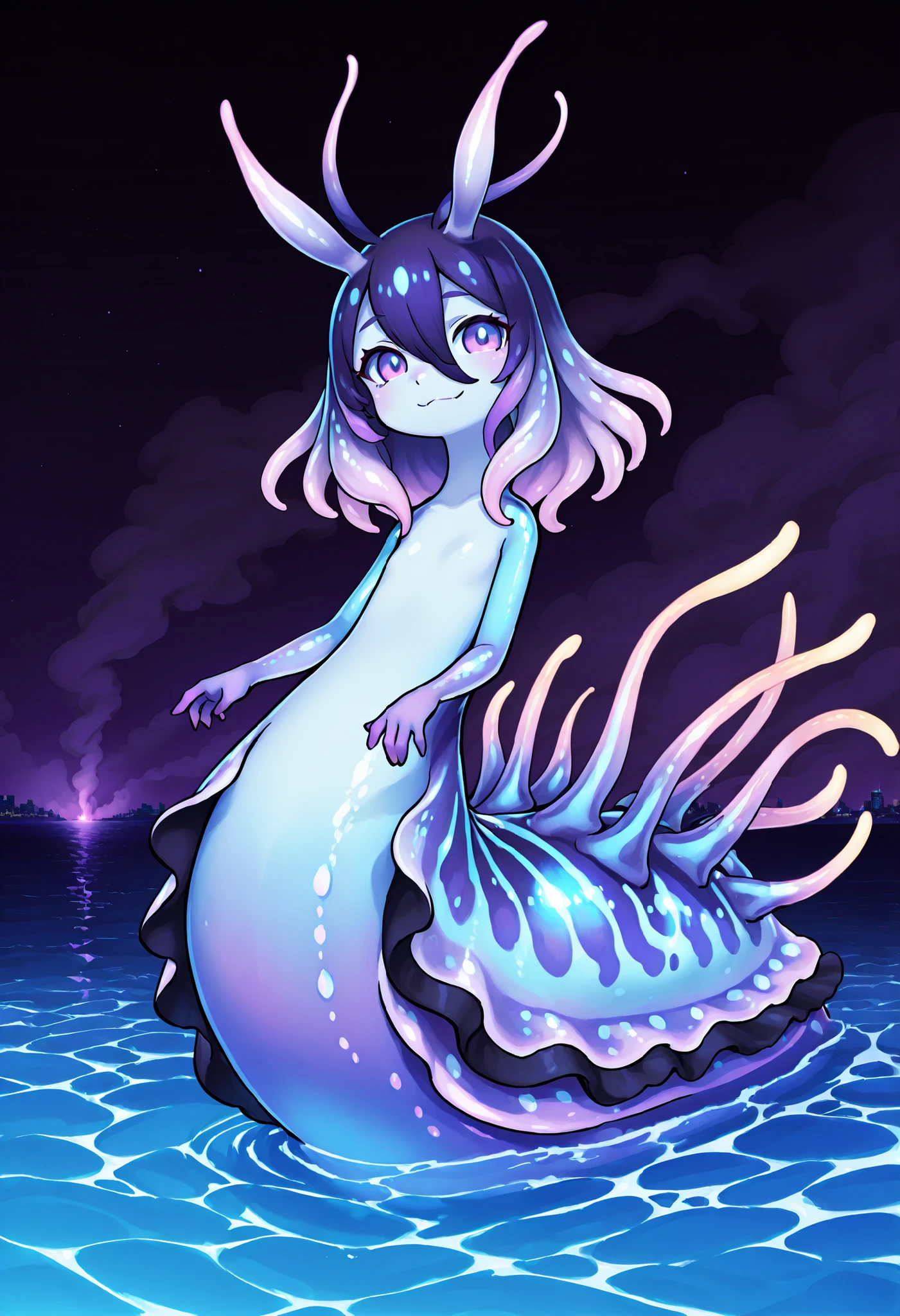 Sea slug girl. Antenna. Black and purple image colors. Female kemono style. Deformed character. Tiny limbs. finned tail. Glowing tentacles. Bioluminescence. Glowing spines. A monster composition. A city at feet. A city in the distance. Smoke.