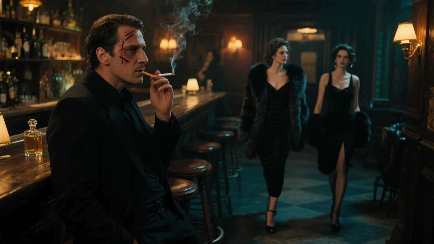 1930s party, rich people talking by the table and drinking and smoking