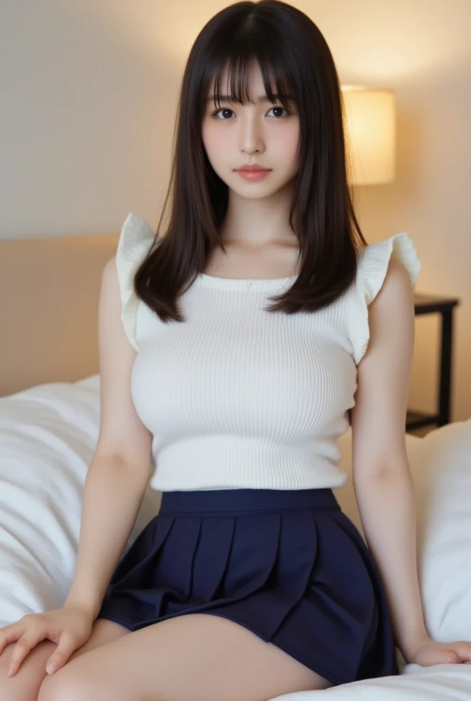 Nipples are visible、(realisitic、Photorealsitic:1.37)、((large full breasts、the head is small))、Smile、(cleavage of the breast:1.2)、(the perfect body:1.1)、(short wavy hair:1.2)、reddish brown hair、(ultra-detailliertな顔:1.3)、FULL BODYSHOT、Mileland、white  shirt、(Unbutton your shirt to your chest:1.2)、Wearing a knitted coat、((High waist plaid pleated skirt))、(Highly detailed CG 8K wallpaper)、(extremely delicate and beautiful)、(​masterpiece)、(top-quality)、(超A high resolution)、beautiful  lighting、Very young girl、realisiticな影、[Top resolution]、Detailed skin、ultra-detailliert