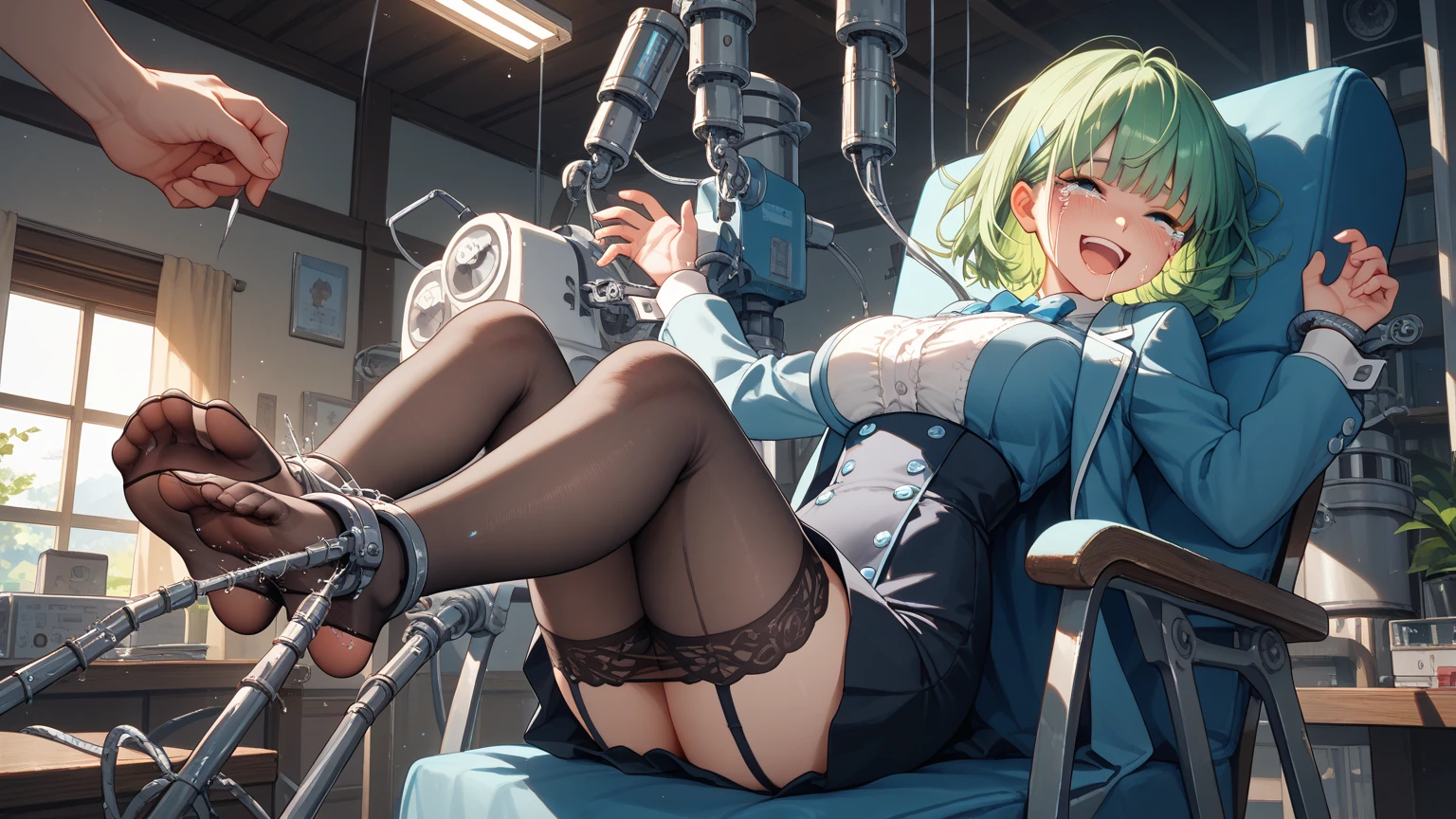 in 8K、top-quality、masterpiece、ultra-detailliert、Ultra-high resolution、((1 persons))、poneyTail、a yellow hair、Braided hair、makeups、Home、sitting down on the floor、bare-legged , the legs are open。look at the camera , perfect hands, complete anatomy), nude , naked , M-shaped legs, women opening legs , spread legs , hands up , tied to a chair in a basement, restraint, bdsm, restrained legs, restrained arms, bound, bound to chair, rope, tied with ropes, beautiful body, beautiful face, tied to chair with ropes, restrained body, unable to move, bondage ropes, tied up, machine bondage, fully restrained body, ropes everywhere, strictly tied, hardcore bondage ropes, machine bondage,glasses