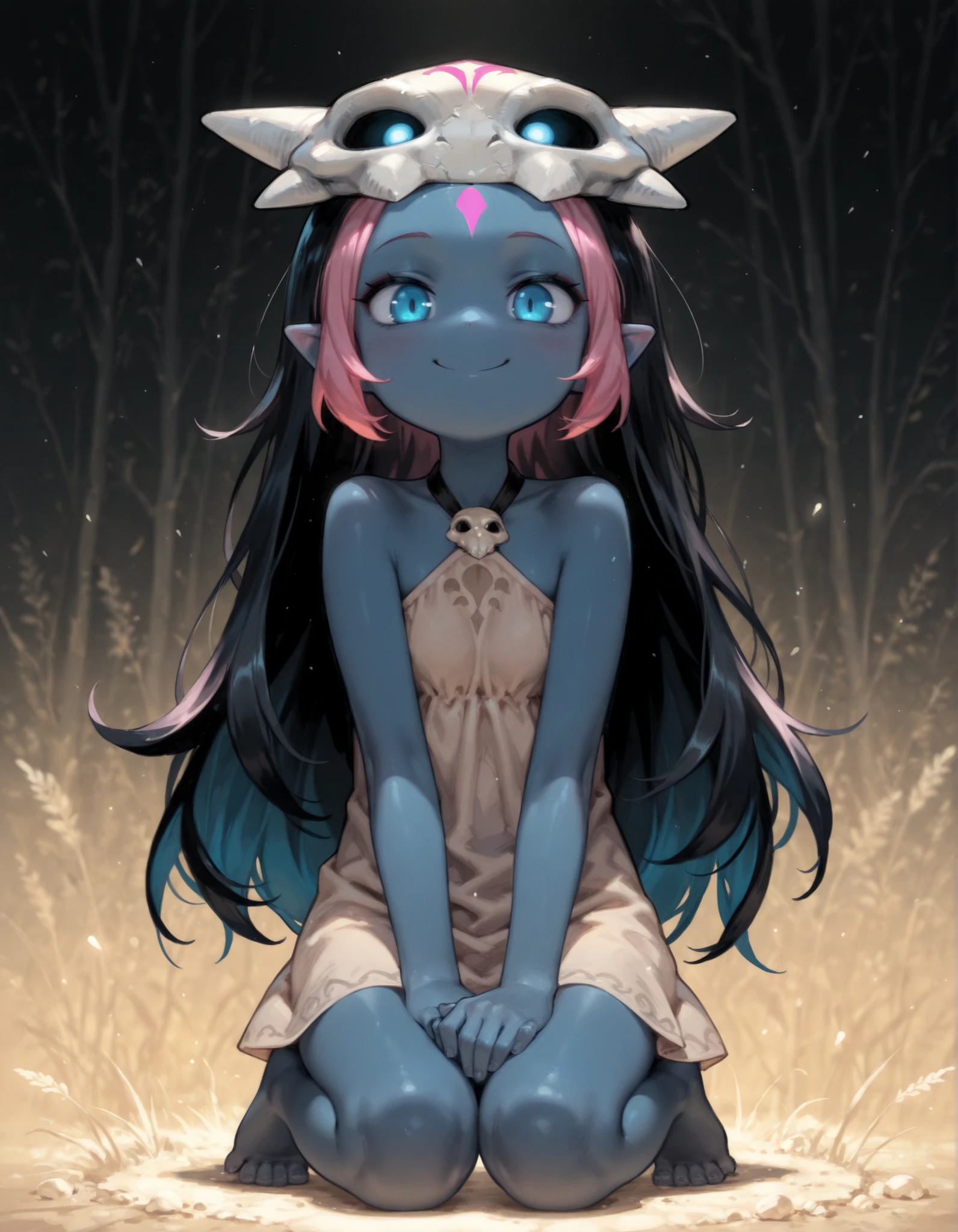 masterpiece, best quality, very aesthetic, 1girl, CWITS, Coqueline, blue eyes, blue skin, pink hair, forehead mark,pointy ears, black hair, two tone hair,long hair, barefoot, mask on head,mask, short beige dress, sleeveless, bare shoulders, halterneck, skull, 1girl, solo, facing viewer, looking at viewer, upper body, smile,