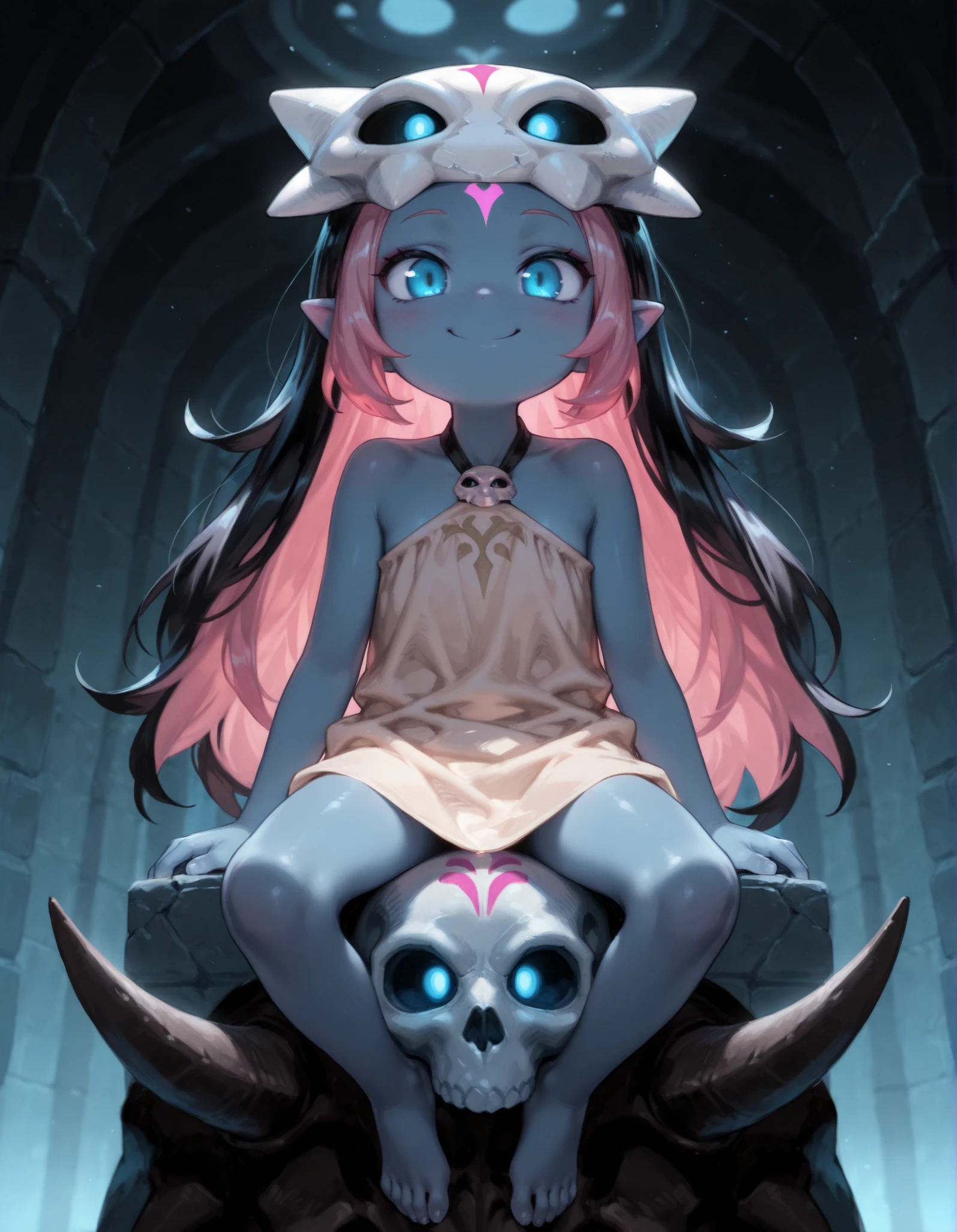 masterpiece, best quality, very aesthetic, 1girl, CWITS, Coqueline, blue eyes, blue skin, pink hair, forehead mark,pointy ears, black hair, two tone hair,long hair, barefoot, mask on head,mask, short beige dress, sleeveless, bare shoulders, halterneck, skull, 1girl, solo, facing viewer, looking at viewer, upper body, smile,