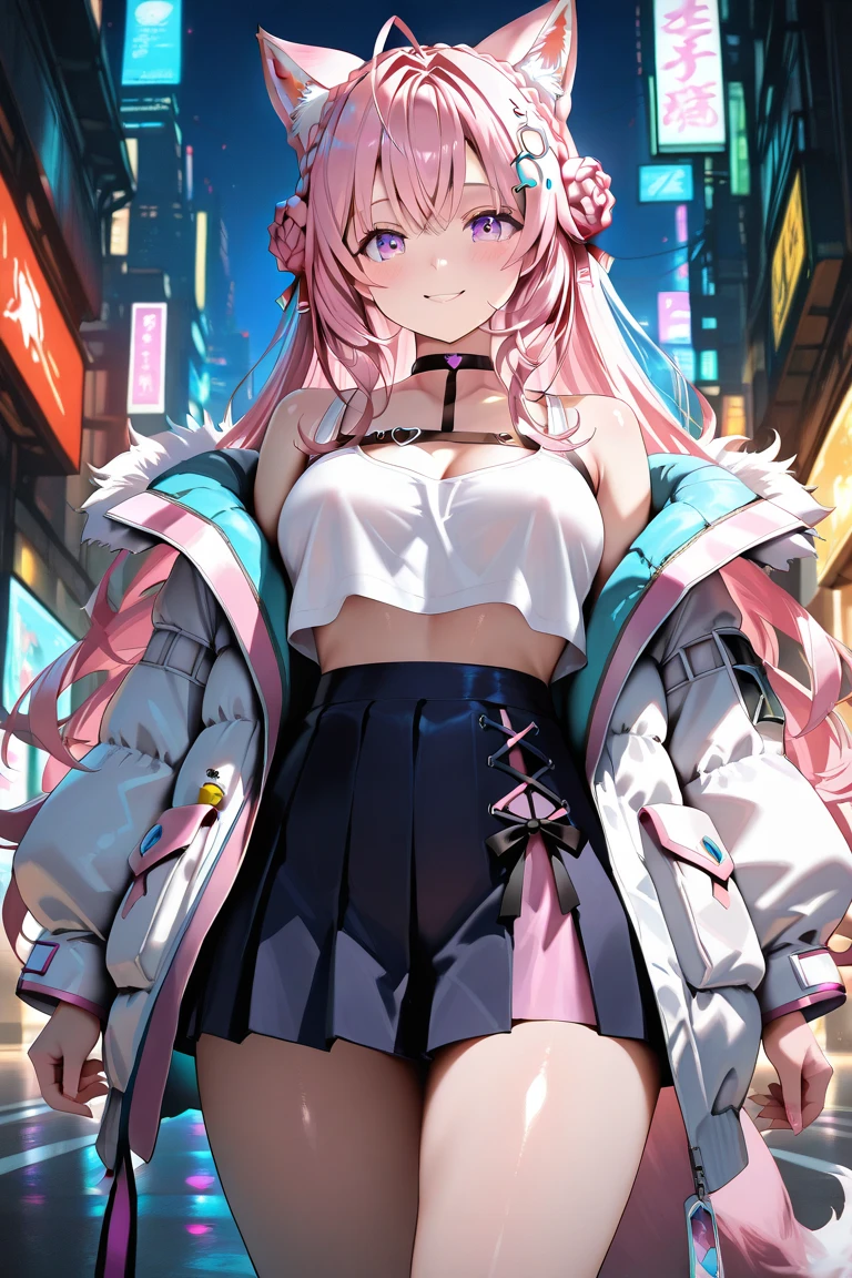 女の子1人、Pink hair、Medium Hair、fluffy and soft hair、I'm wearing the hood of a hoodie...、Pink eyes、The hoodie has a ribbon on the hood.、undergarment、cleavage of the breast、Very large breasts、Navel Ejection、Enchanted breasts、Enchanted thighs、bow ribbon、Tongue licking、A smile、bending forward、Neon Street、nightcity、Neon light、a moon、a choker、top-quality、masutepiece、