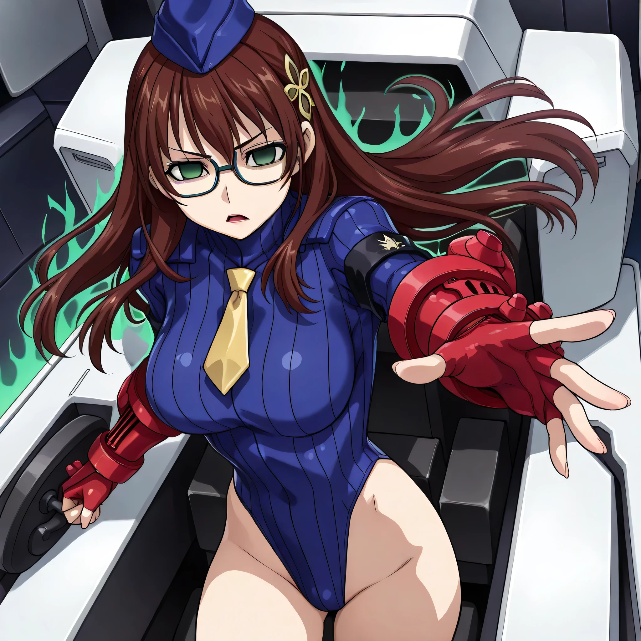 Very detailed, clear, beautiful body, Beautiful nose, Beautiful character design, perfect eyes, perfect face, very high, 4k, Beautiful legs, perfect legs, good hand, perfect hand, Masterpiece, best quality, haveรายละเอียดสูง, illustration, nonsense, perfect anatomy, street fighter, doll set, Chadaloo Doll, doll set, expressionless, empty eyes, look at viewer, red gloves, Emotionless, black Latex, corruption, mind control, female warrior, full body, hypnotized, ความมึนงงที่ไม่haveความสุข, full body suit, Ribbed bodysuit, Both arms are at the sides., obey, perfect woman's body, extremely glossy Latex, hypnosis, Hipnolora, empty eyes, mind control device, Poses, give up_Pose, slave, lie down straight, lie down, lie to attention, have, necktie, belt, Latex, Ribbed bodysuit, thigh high, garter belt, fighting posture, Extend your right arm away from your shoulder into the air with your hand straight., soldier, thigh boots, 1 girl, hair accessories, brown hair, long hair, blue eyes, (((Pixel Perfect, perfect detail))), alone, 1 girl, my alice, Haja Taisei Dankaio, An evil smile., An evil smile.