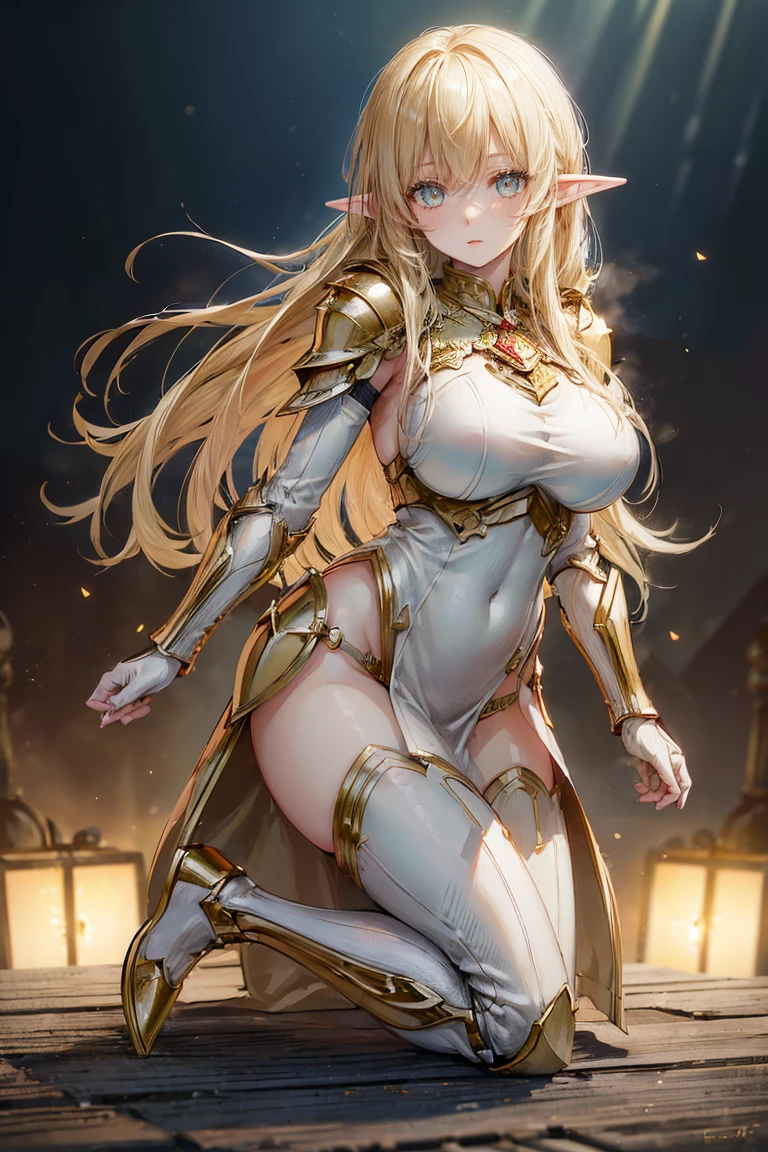 (best quality,ultra-detailed,realistic:1.37),beautiful elf girl,detailed face and eyes,big breasted woman,full body,gold armor,vibrant colors,realistic lighting,background with a big machine,sci-fi style