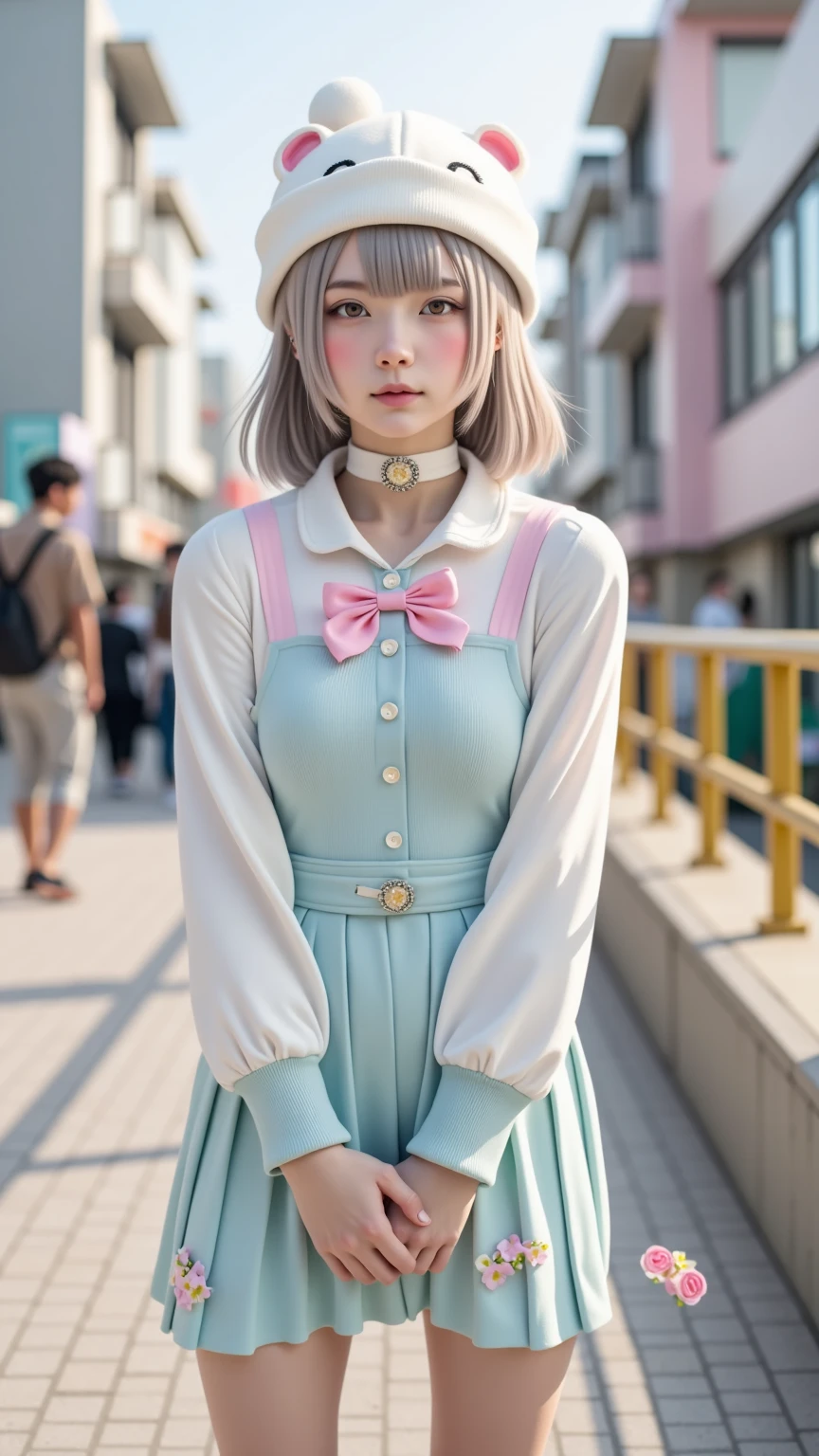 Girl, green eyes, short blond hair, head scarf, pink dress, Masha, Masha from the cartoon Masha and the Bear, age 18, pink dress and loose white clothes underneath, loose white clothes under the dress