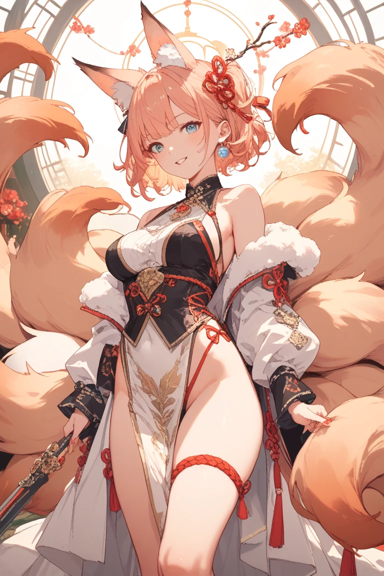 a beauty girl,Mature face,a matural female,Fluffy tail hair,Ultra-loose underwear,clothes slipping off,Anterior convex and posterior,Straight chest,Ruddy complexion,Huge fox tail,nabel,(huge tit),adventurer,tit,areola of breast,pantiess,Stockings,Character introduction,(Sexy clothes)