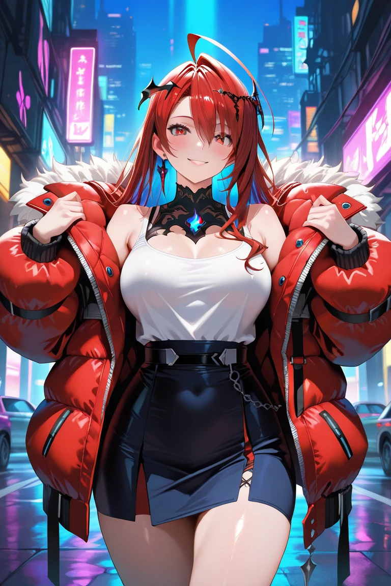 A breathtaking digital artwork shows a red-haired woman with a scared, embarrassed expression, her ponytail made of fiery curls, and her glowing, super-detailed eyes drilling her inner turmoil. Lips full of her, painted a strong red, increase her allure. Boasting a sculpted physique and wide hips, she attracts attention, wearing a closed and tight black leather jumpsuit. Its shiny trajectory surface accentuates your curves and highlights your shape. Hanging over her shoulders is a hooded sweatshirt, its neon pink interior providing a bold contrast. As she walks down a busy street, deep in thought
