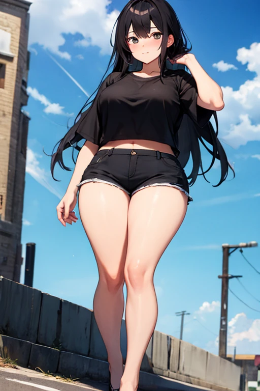 realistic image, detailed image, coherent image, 1 beautiful elf, she has very long hair, black hair, light blue eyes, smiling expression. She is wearing a big baggy t-shirt, pleated mini skirt, She has a curvy body, medium breasts and thick thighs, She is walking on the sidewalk, arching her back, background of a beach, sunny day, Soft focus, full body view, Shadows dramatic, volumetric lighting, natural lighting,