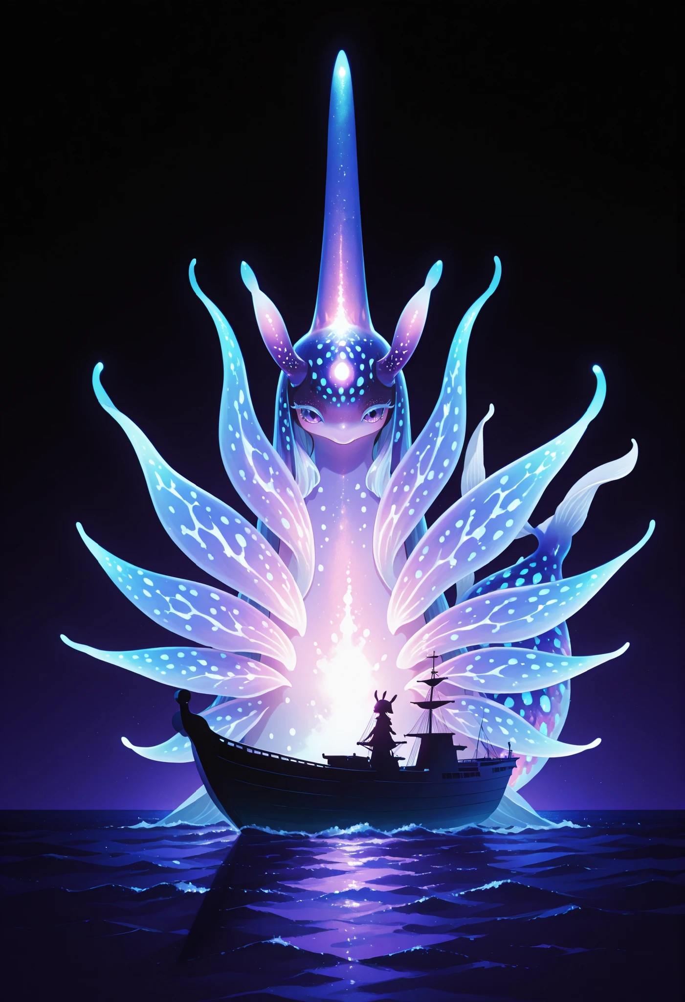 Sea slug girl. Antenna. Black and purple image colors. Female kemono style. Deformed character. Tiny limbs. finned tail. Glowing tentacles. Bioluminescence. Glowing spines. Night sea. Kaiju composition. Small boat. Silhouette of a sailing ship.