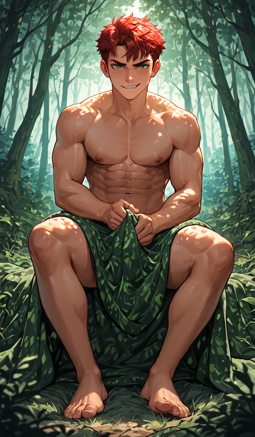 anime handsome asian man, half-naked wearing green bikini underwear, grass vine twining around the body, his body getting tied up by green vine that twining around his body, full body portait head to feet, he really showing off his full body from head to feet, comic artstyle 2D.