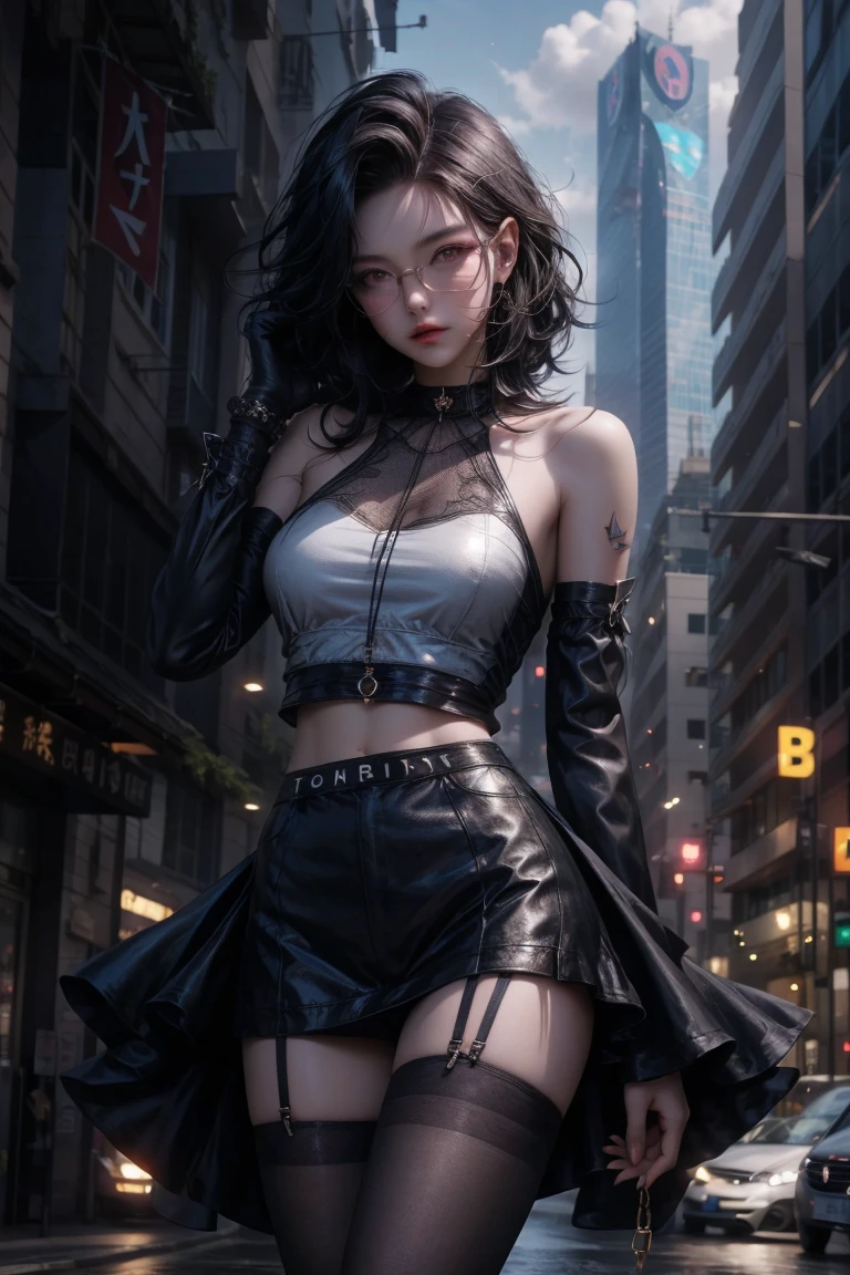 evildoer、girl、Hiding one eye、Black Hair、Bobcut、Black Veil、Black flared mini skirt、Eyes、Cat ear、cute、Close-up of face、１０generation、tall、eight-headed body、Back alley at night、Neon lights in the distance