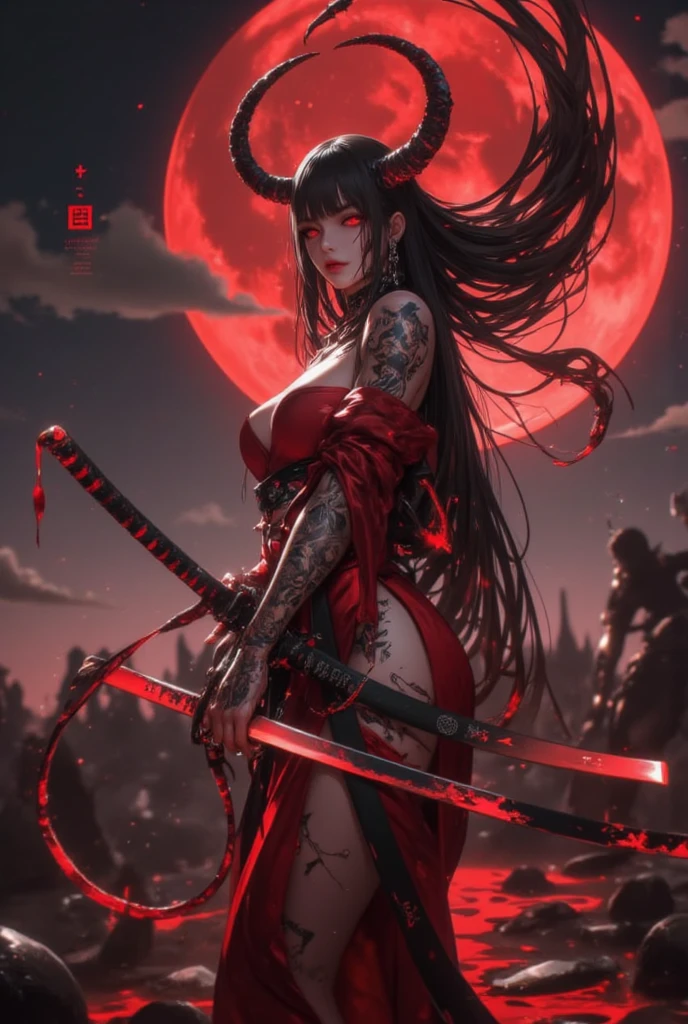kamado nezuko, 1girl, slit pupils, sharp teeth, vampire, veins, blood, big breasts, ((aged up)), brown hair, buckle, cleavage, collarbone, big breasts, cowboy shot, dutch angle, fingernails, full moon, gradient hair, holding, holding sword, holding weapon, horns, japanese clothes, kimono, large breasts, licking, licking blood, licking hand, long hair, looking at viewer, moon, multicolored hair, night, obi, oni horns, open clothes, open kimono, orange hair, red eyes, red nails, sash, sharp fingernails, single horn, solo, standing, underwear, very long hair, weapon, white belt, ((masterpiece))