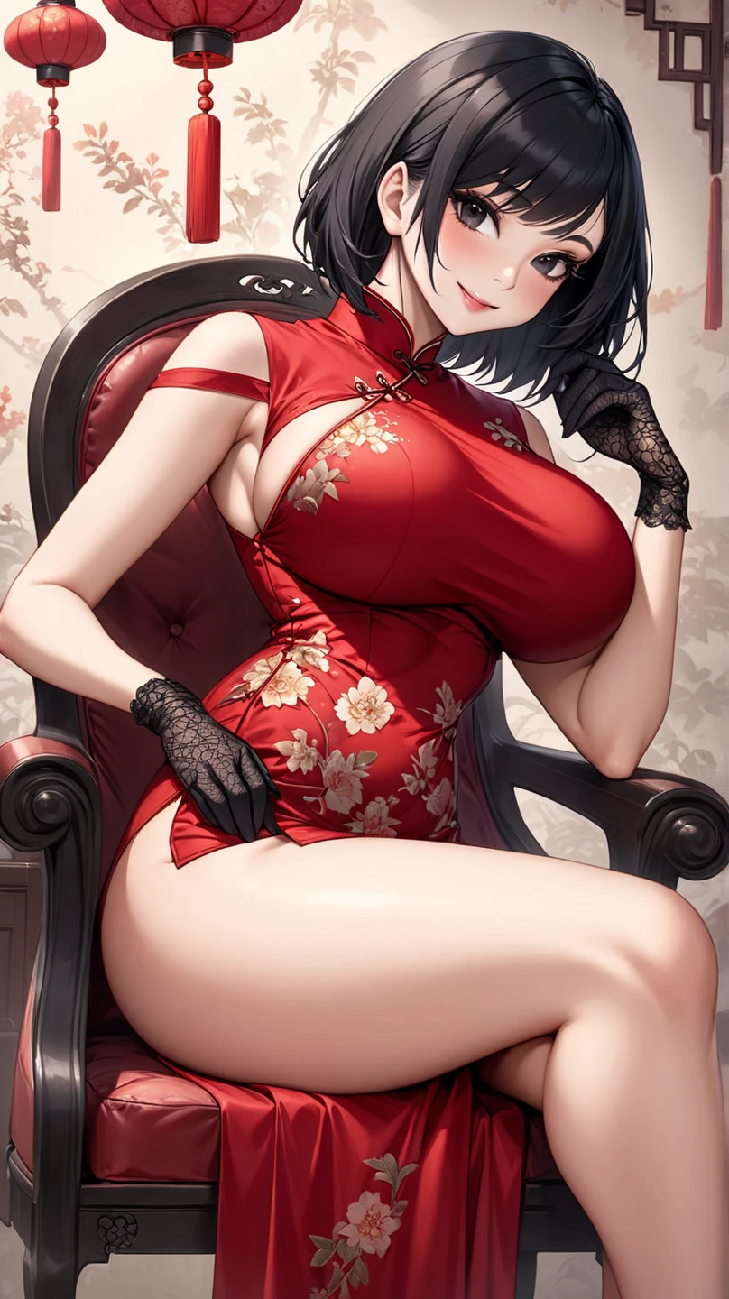 Highest quality、High resolution、Detailed Background、Beautiful face in every detail、age beauty、Huge breasts、Perfect body line、well-groomed eyebrows、indoor、Calm atmosphere、Shiny Chinese Dress、Dark colors such as red and black、Wearing high heels、Strap and ribbon design、Pearl and metal accessories、Sexy wavy hairstyle、Red lipstick、Deep red、very beautiful、A big smile
