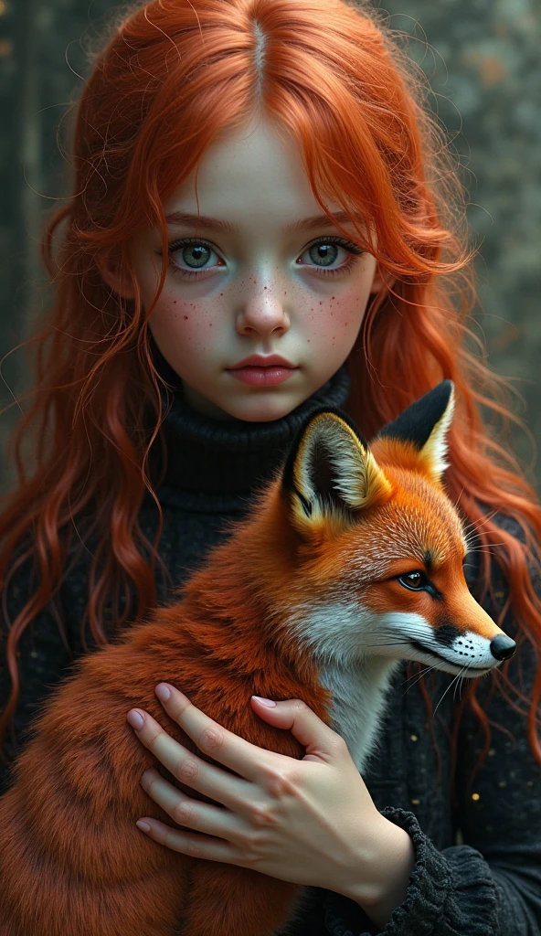 create image of a five year old . Redhead with orange eyes carrying a fox cub on her lap. They are in the forest and all around are falling leaves. it's autumn