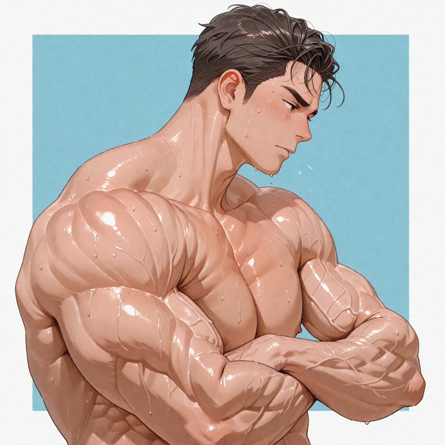 muscular fit Bakugou Katsuki towel wrapped around waist, bare chested sweating heavily. Bathroom scene, (steam:1.1),