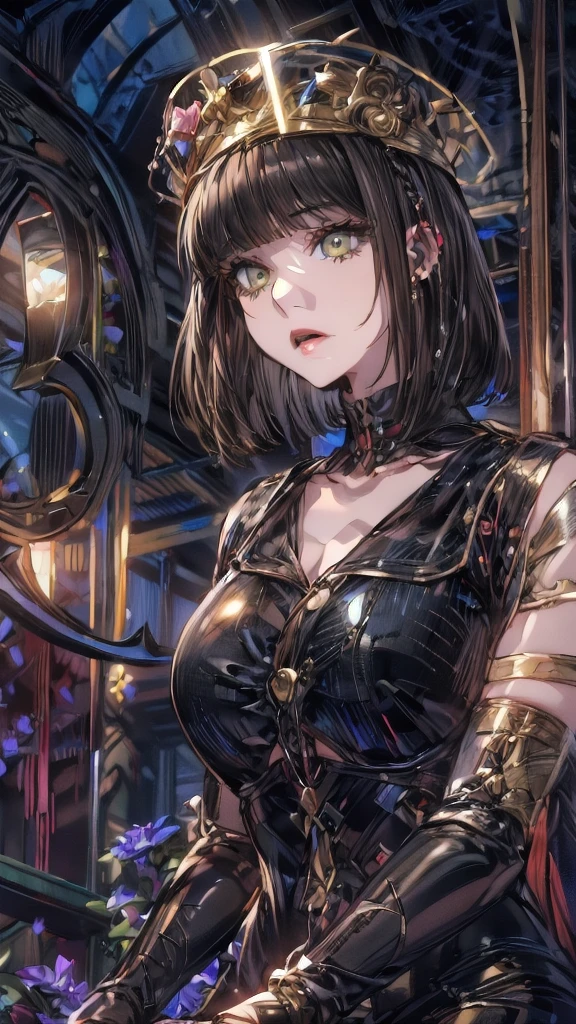 absurdres, RAW photo, extremely delicate and beautiful, masterpiece, Best Quality, ultra high resolution, 32k, hyperrealistic, ultra-detailed, perfect anatomy, anatomically correct, perfect figure, Perfect Style, Perfect balance, super Detailed skin, in her 30s, very Slim body, narrow waist, very small head, very small face, delicate facial features, handsome detailed woman, very detailed eyes and face, realistic face proportions, Realistic beautiful face, Realistic beautiful eyes, tearful mole, earring, very huge round tits, full body shot, medium hair, asymmetrical hair, Dark Fantasy, Cyberpunk, Mechanical Marvel, Chain Saw, Chain Saw girl, Red, Cybernetic Guardian, Robotic Presence,